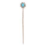 AN ANTIQUE TURQUOISE AND DIAMOND STICK / TIE PIN in yellow gold, set with an oval cabochon opal i...