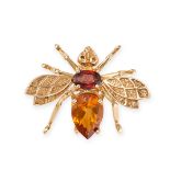 A VINTAGE GARNET AND CITRINE INSECT BROOCH in 10ct yellow gold, designed as an insect, the body s...