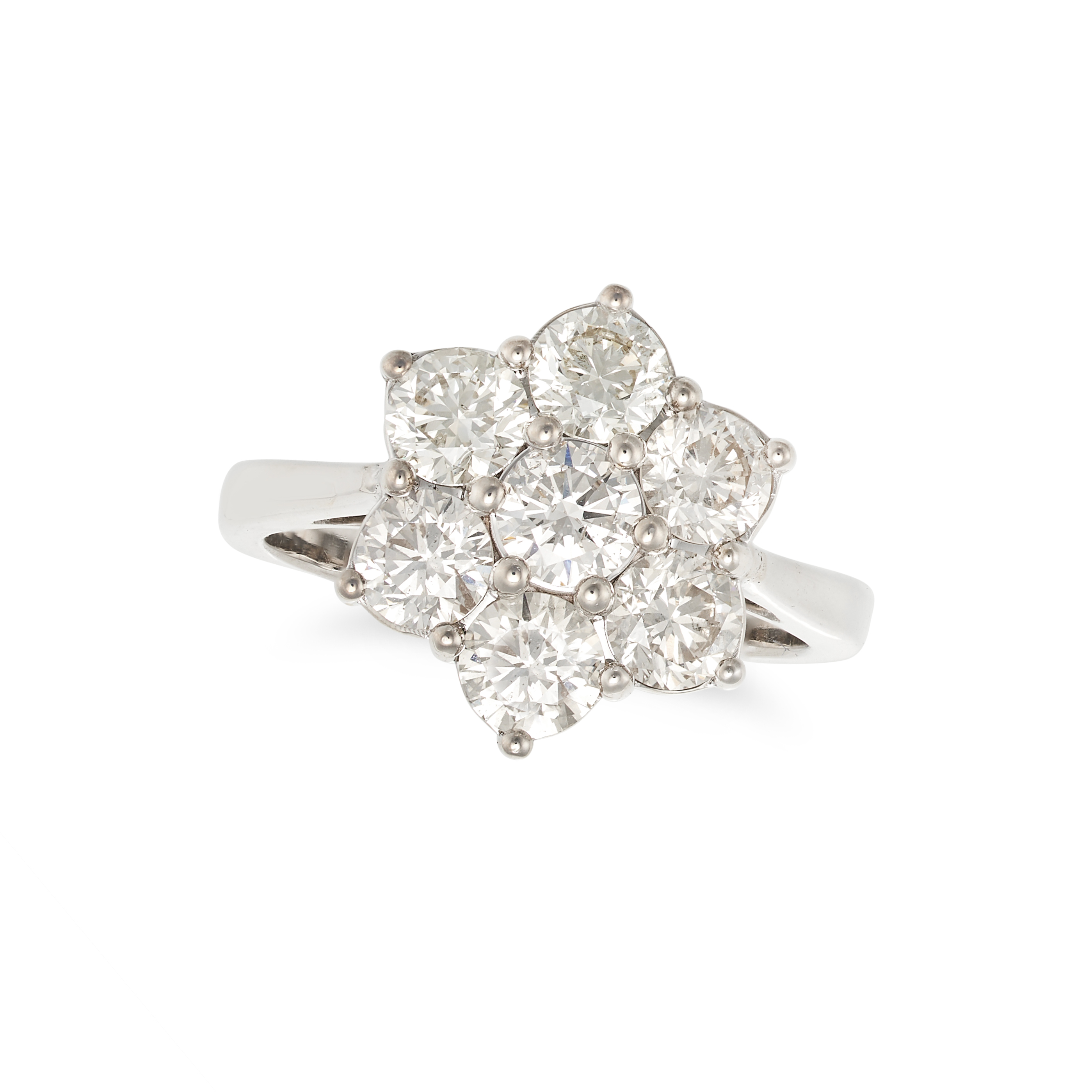 A DIAMOND CLUSTER RING in 18ct white gold, set with a cluster of round brilliant cut diamonds all...