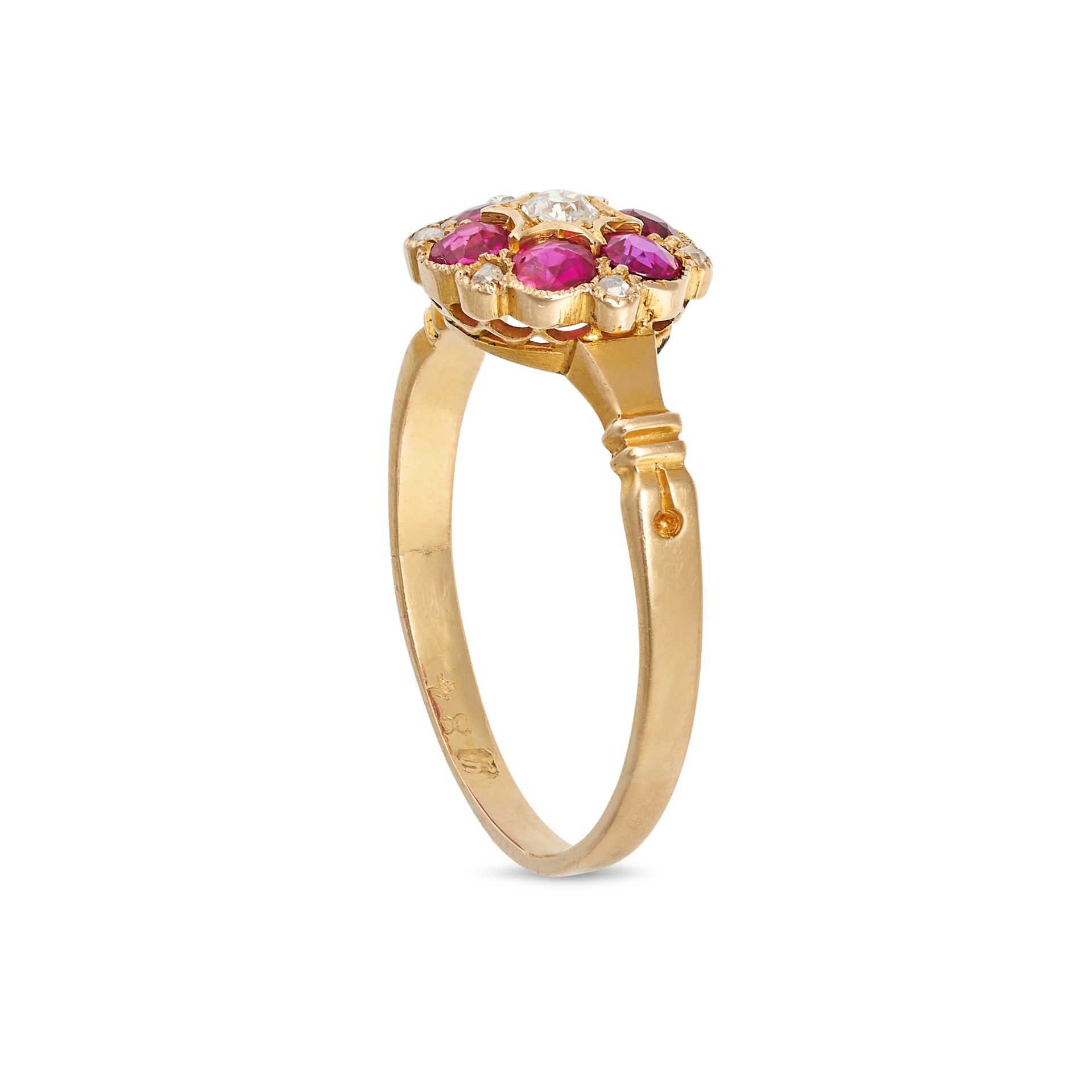 NO RESERVE - AN ANTIQUE RUBY AND DIAMOND CLUSTER RING in 18ct yellow gold, set with an old cut di... - Image 2 of 2