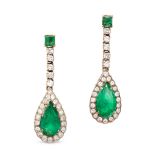 A PAIR OF EMERALD AND DIAMOND DROP EARRINGS in yellow gold, each set with an octagonal step cut e...