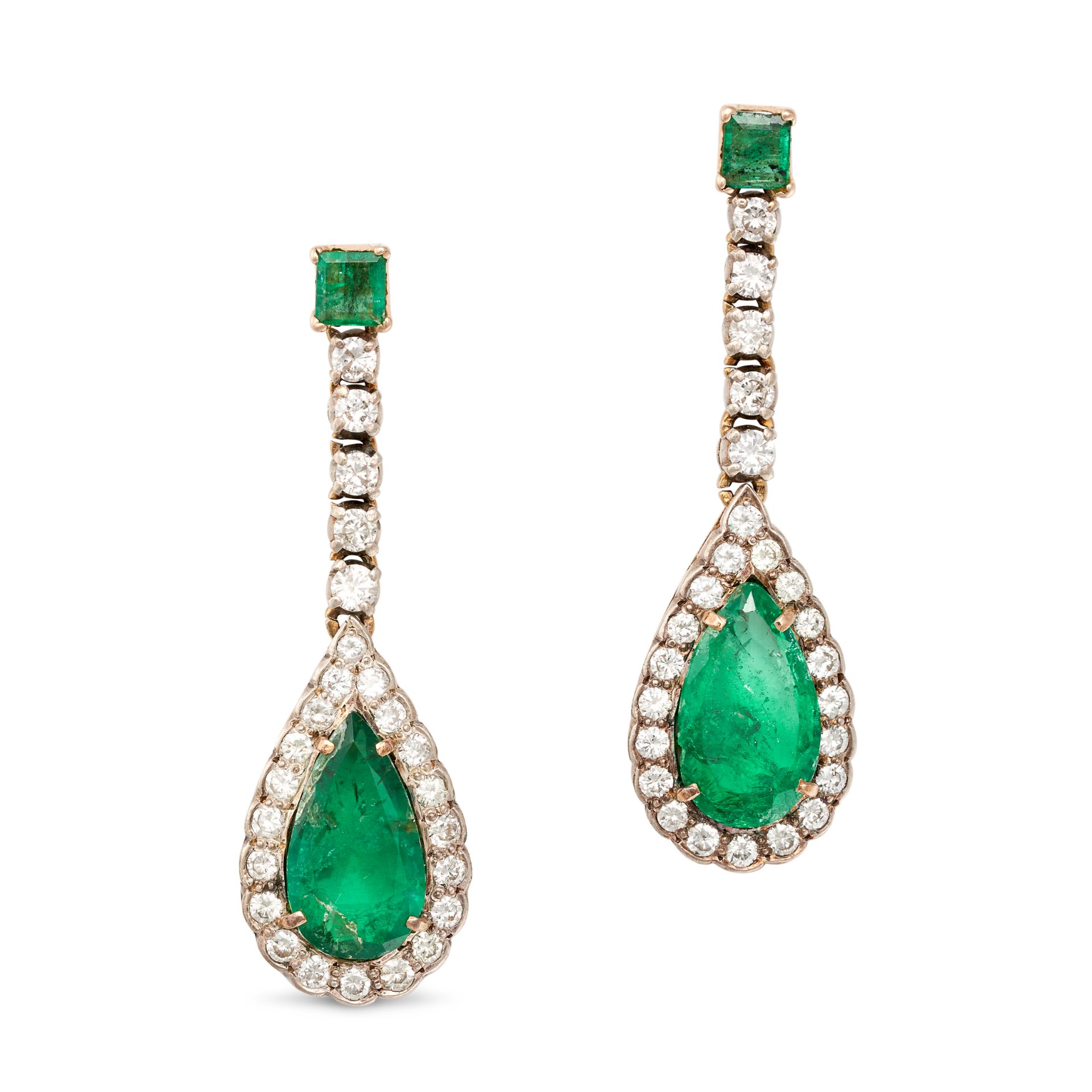 A PAIR OF EMERALD AND DIAMOND DROP EARRINGS in yellow gold, each set with an octagonal step cut e...