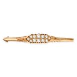 AN ANTIQUE PEARL BAR BROOCH in yellow gold, set with two rows of seed pearls, indistinct assay ma...