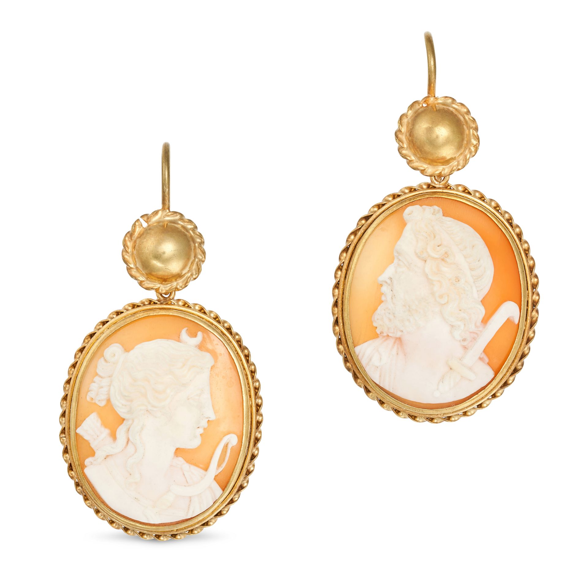 A PAIR OF ANTIQUE SHELL CAMEO EARRINGS in yellow gold, one earring with a cameo depicting Artemis...