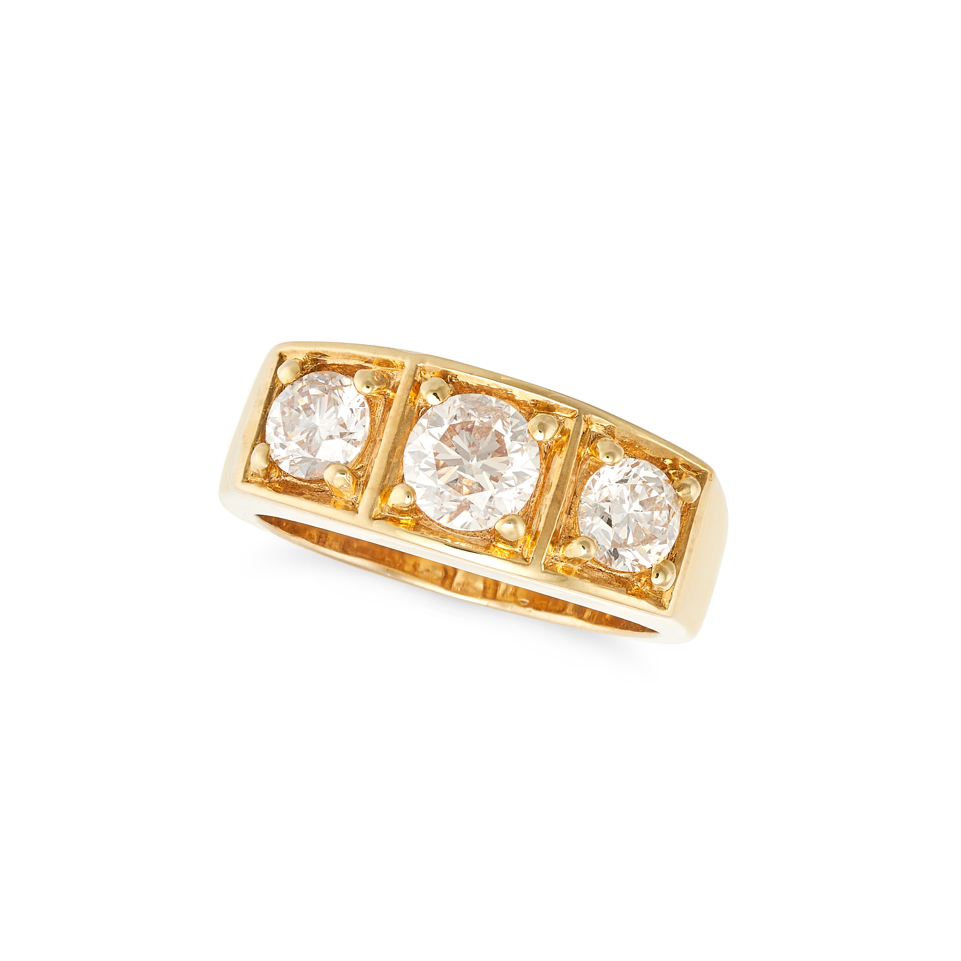 A DIAMOND THREE STONE RING in 9ct yellow gold, set with three round brilliant cut diamonds all to...