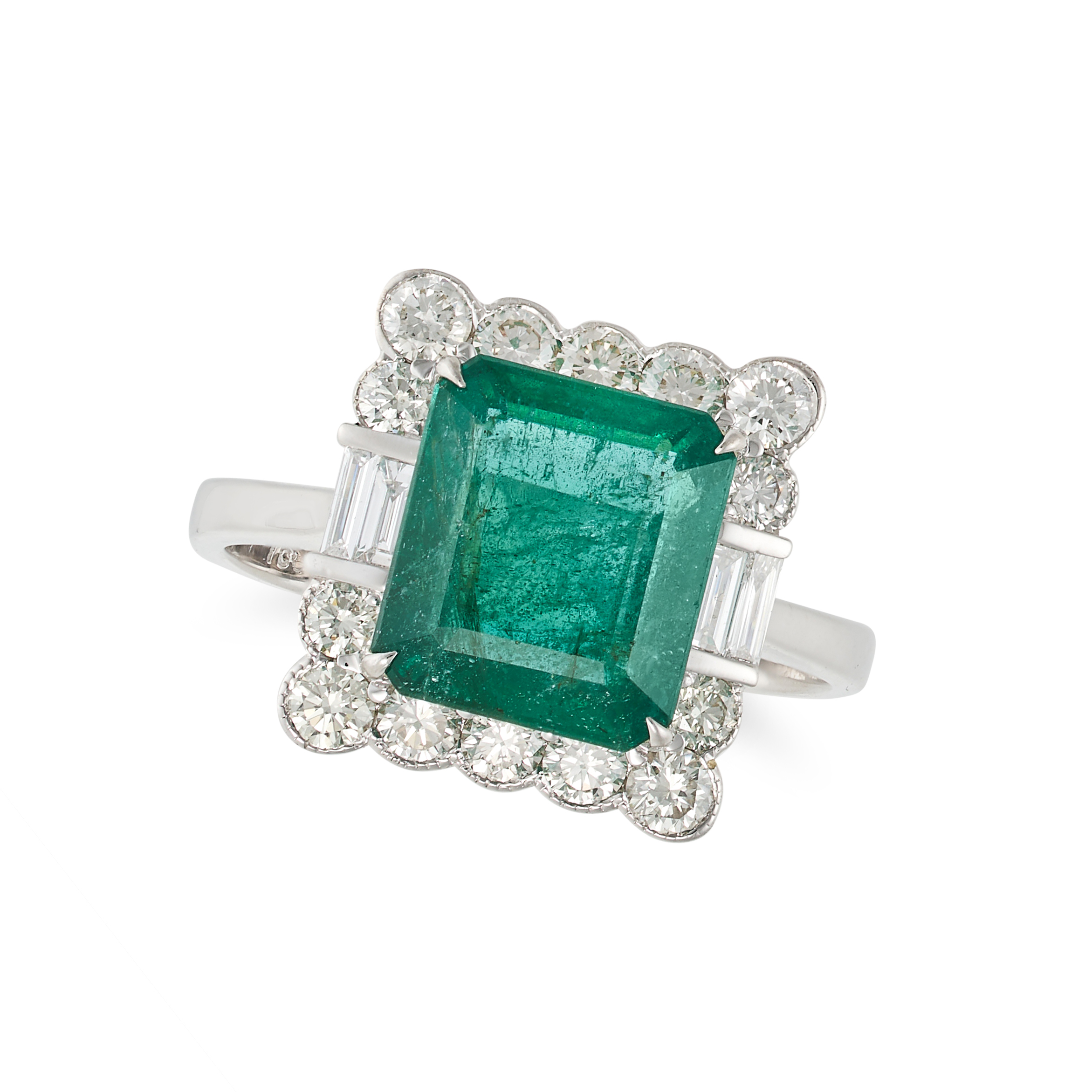 AN EMERALD AND DIAMOND CLUSTER RING in 18ct white gold, set with an octagonal step cut emerald of...