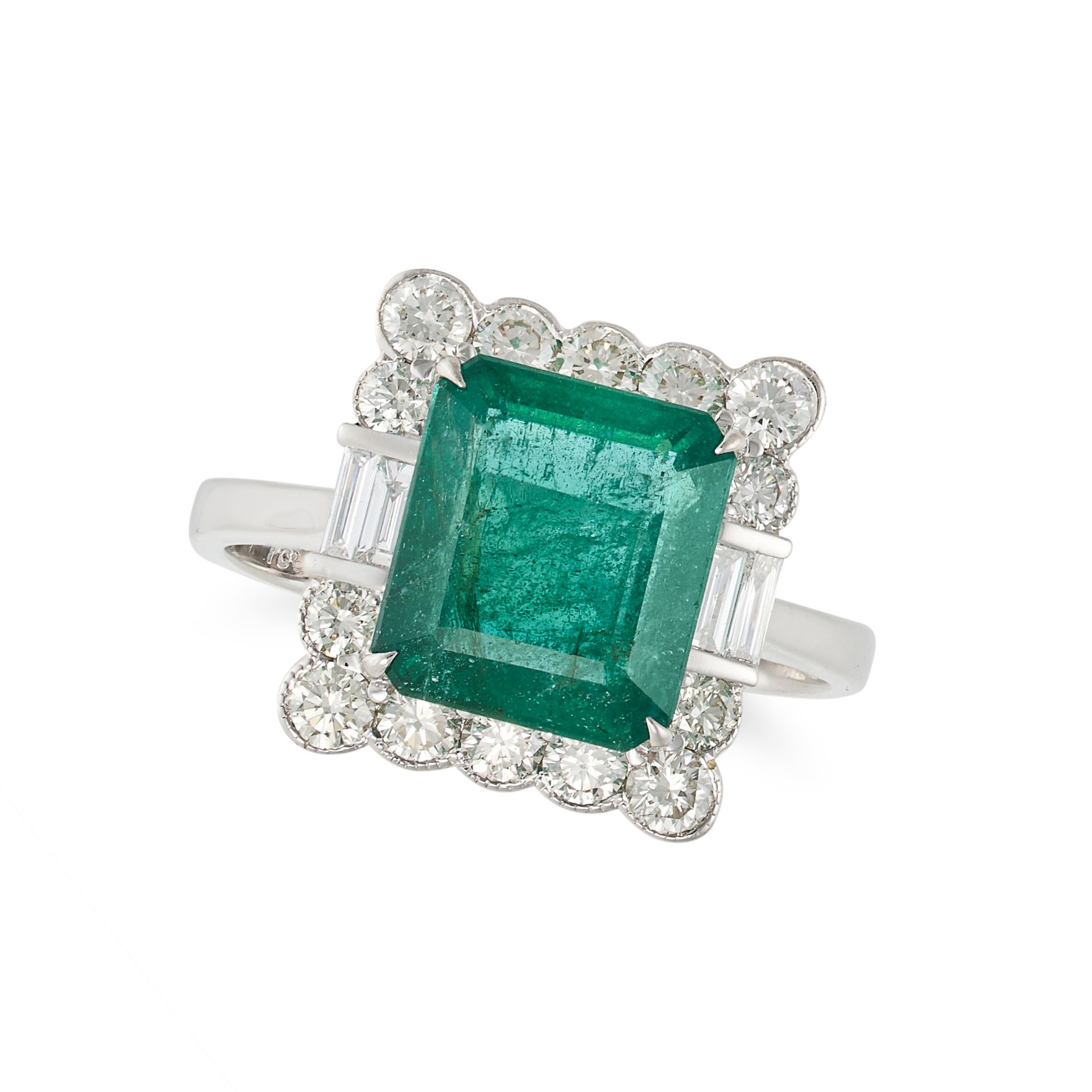 AN EMERALD AND DIAMOND CLUSTER RING in 18ct white gold, set with an octagonal step cut emerald of...