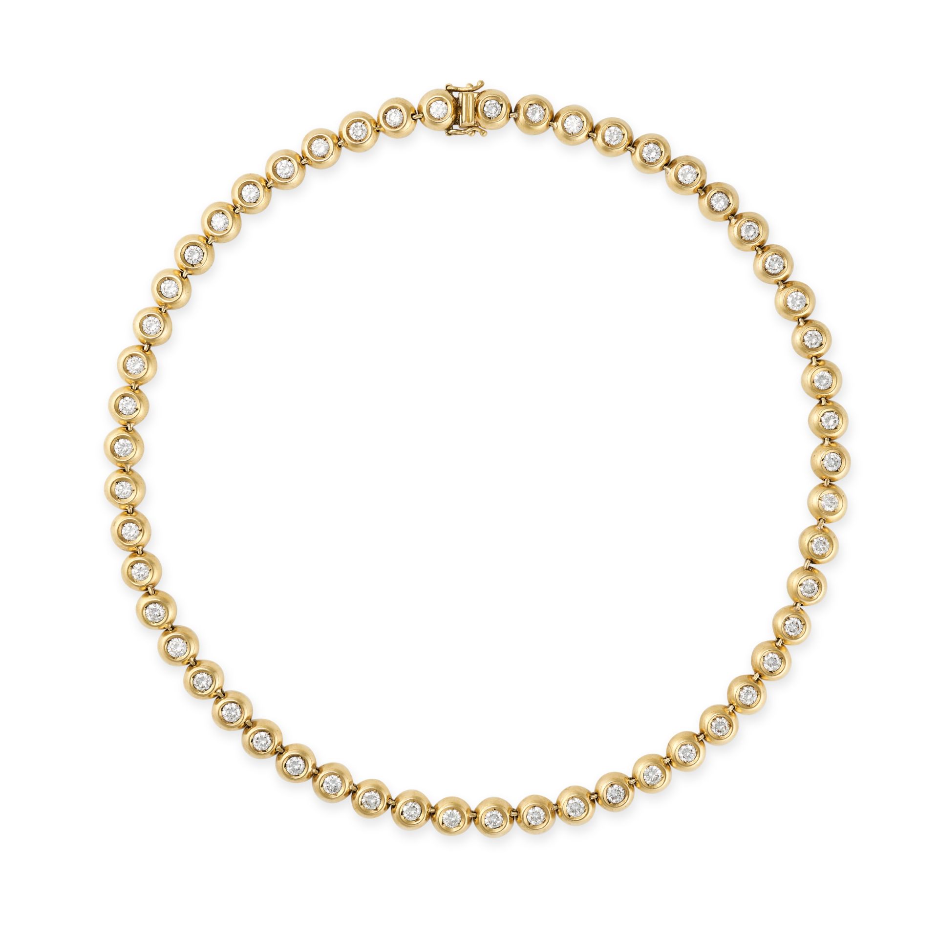 A DIAMOND RIVIERE NECKLACE in 18ct yellow gold, comprising a row of bezel set round brilliant cut...