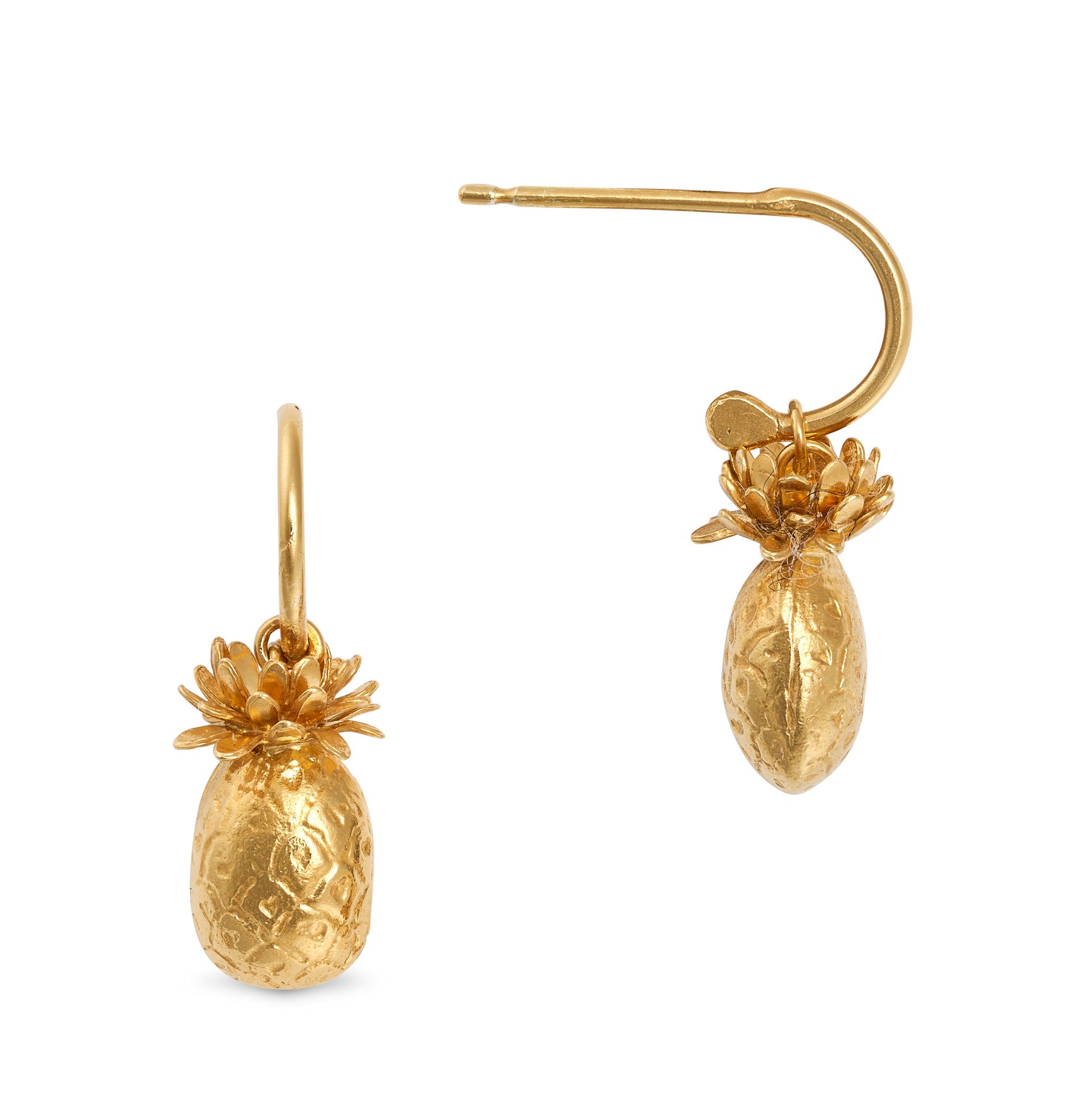 NO RESERVE - A PAIR OF PINEAPPLE DROP EARRINGS in gold-plated silver, each comprising a half hoop...