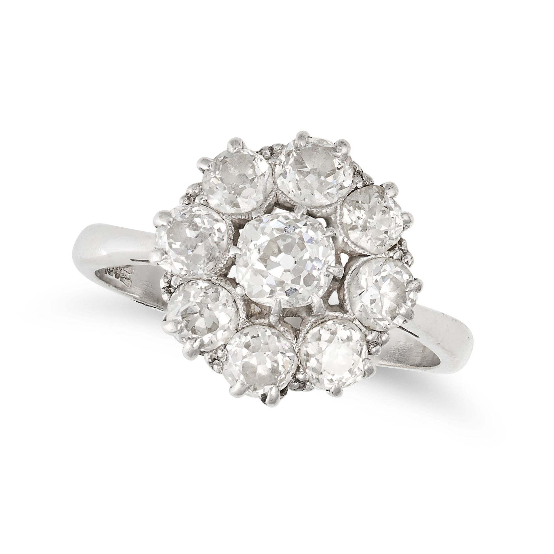 A VINTAGE DIAMOND CLUSTER RING in 18ct white gold, set with a cluster of old cut diamonds all tot...