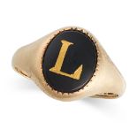 A VINTAGE ONYX SIGNET RING in 9ct yellow gold, set with a piece of onyx inlaid with an applied go...