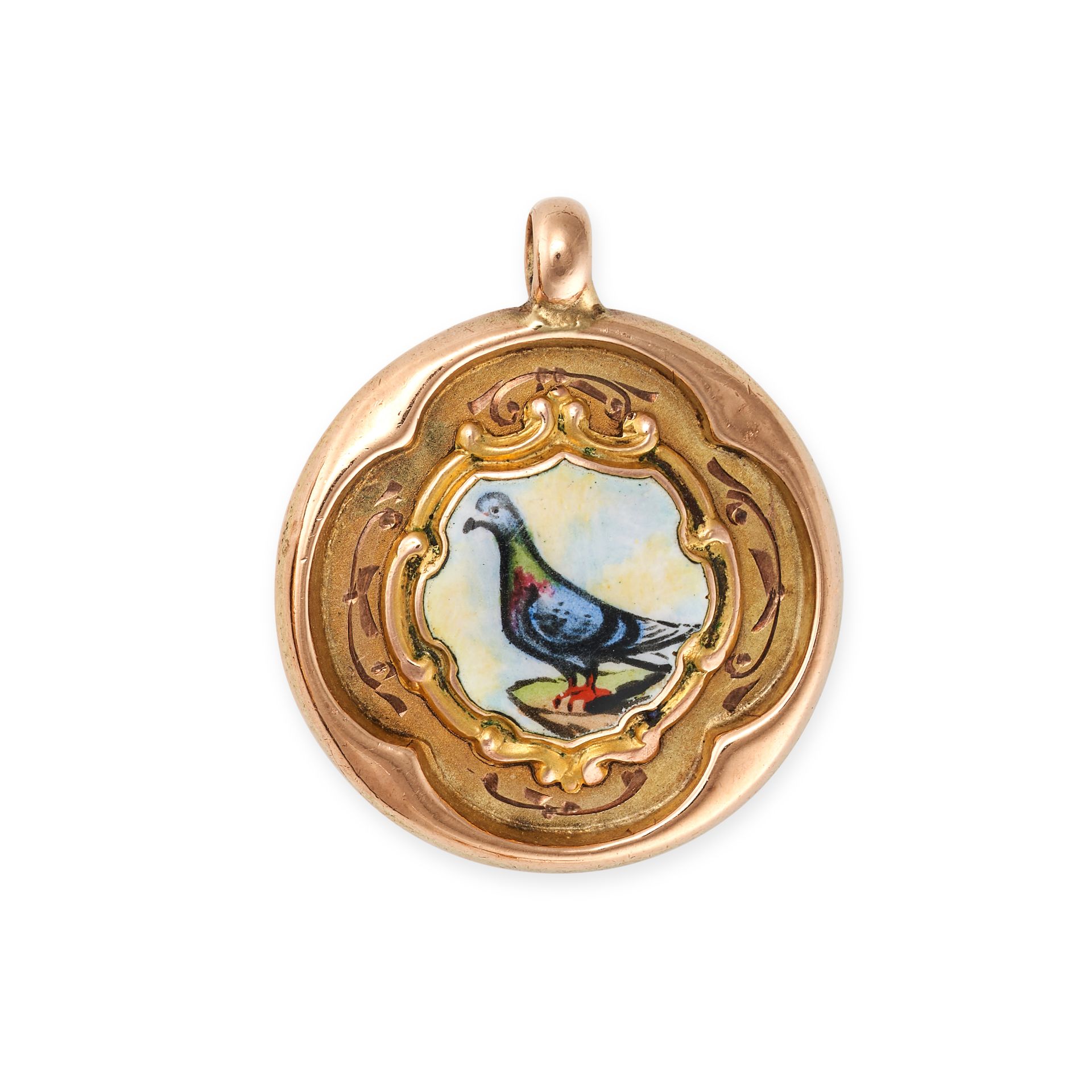 A VINTAGE ENAMEL PENDANT in 9ct yellow gold, the circular pendant set with an enamel portrait of ...