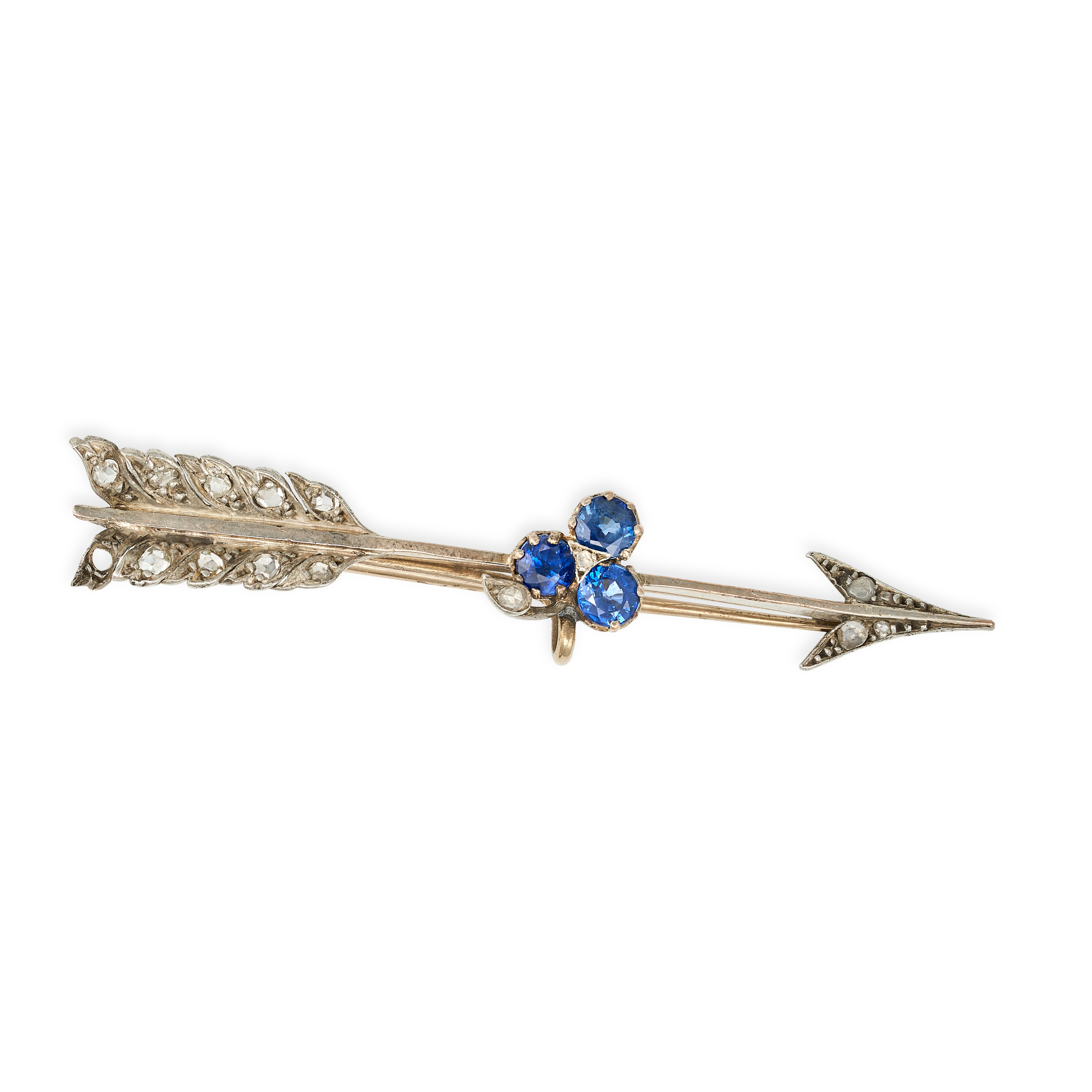 AN ANTIQUE SAPPHIRE AND DIAMOND ARROW BROOCH in yellow gold and silver, designed as an arrow set ...