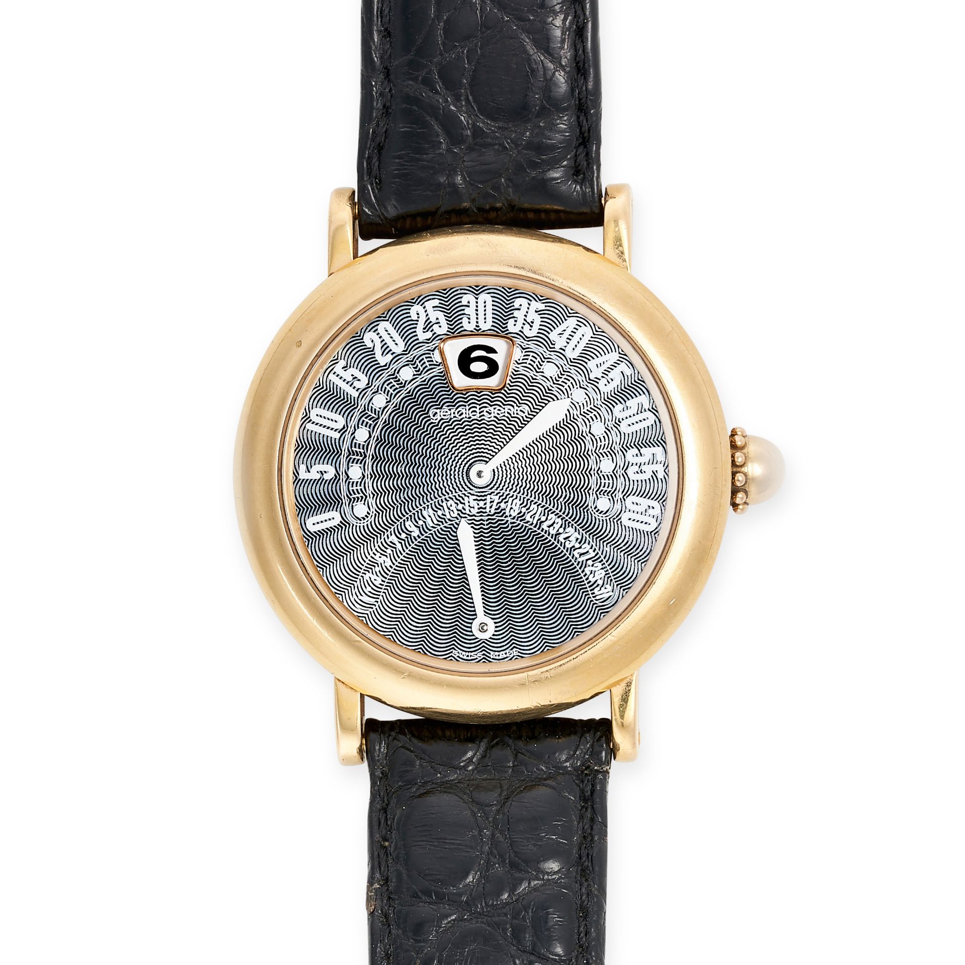 GERALD GENTA, A RETRO BIRETRO WRISTWATCH in 18ct yellow gold, circa 2000, grey guilloche dial wit...