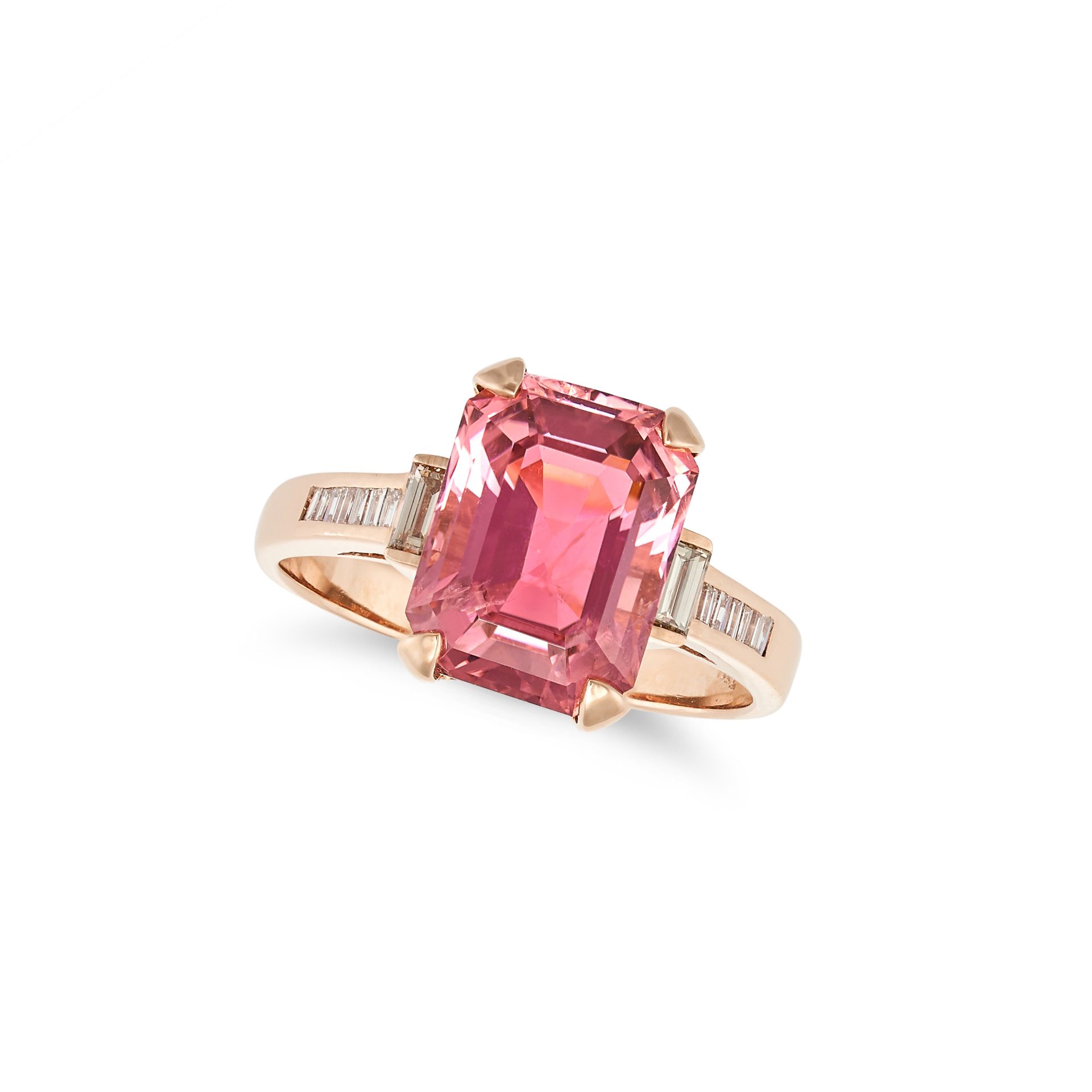 A PINK TOURMALINE AND DIAMOND RING in 18ct rose gold, set with an octagonal step cut pink tourmal...