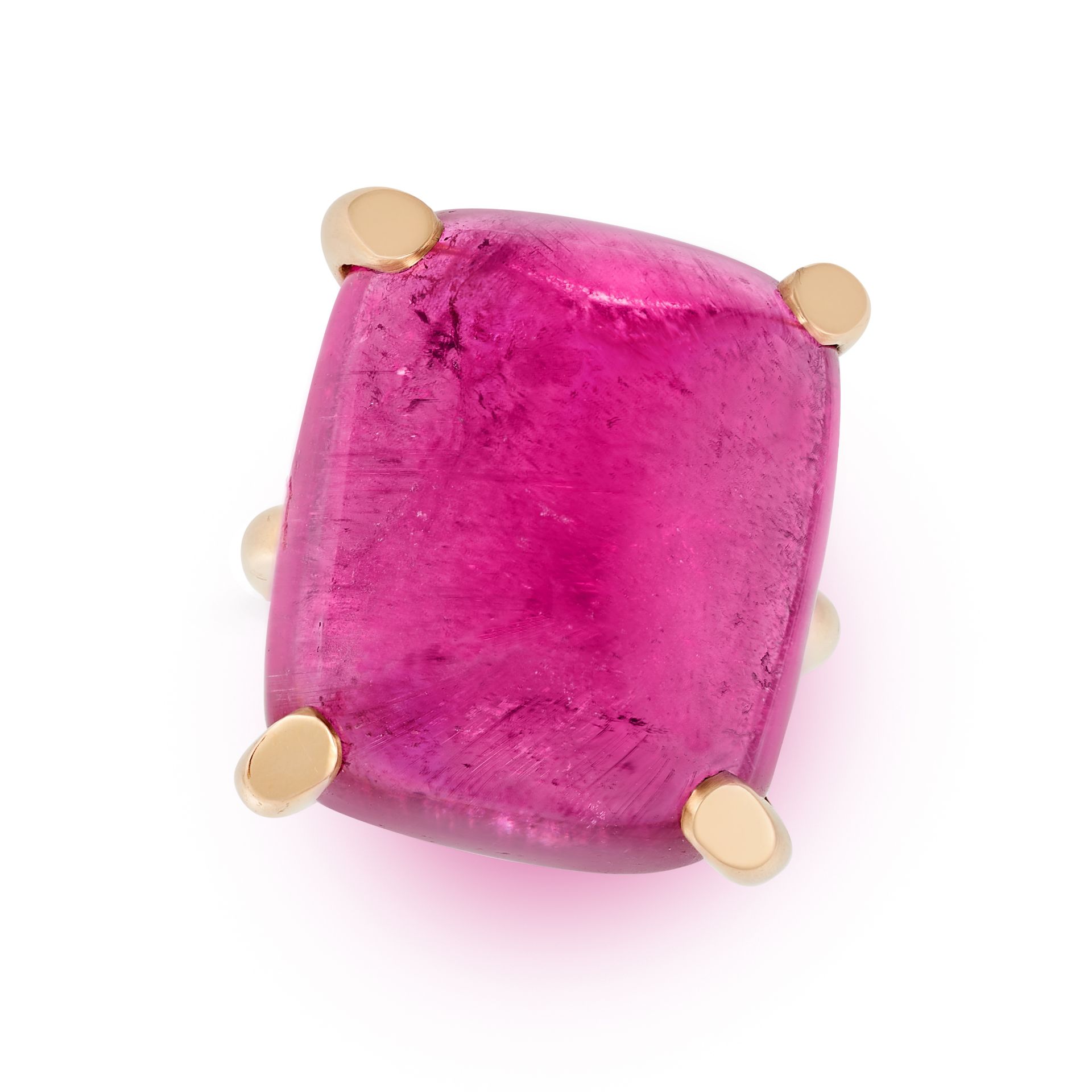 A PINK TOURMALINE RING in 18ct rose gold, set with a sugarloaf cabochon pink tourmaline of 38.33 ...