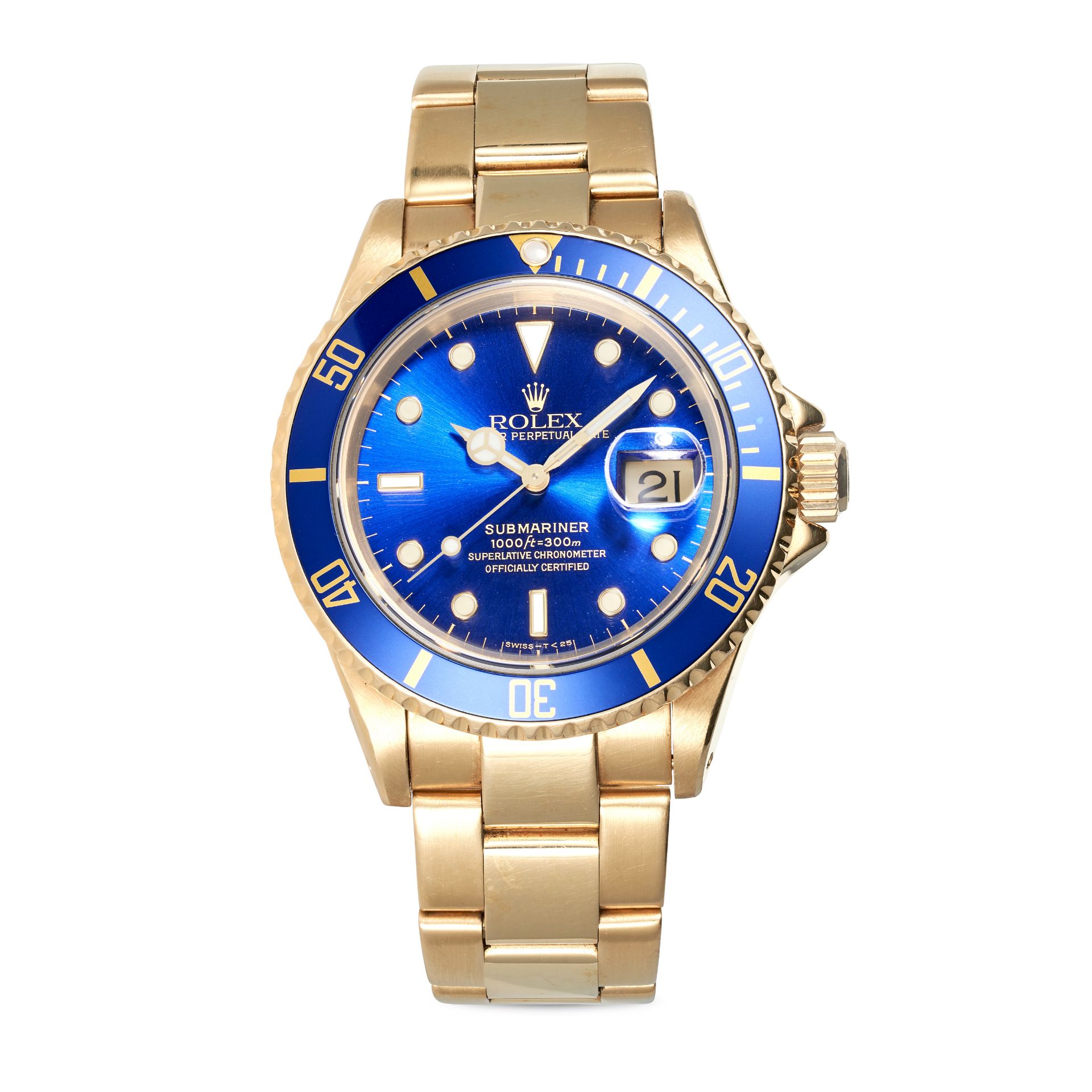 ROLEX, A VINTAGE SUBMARINER DATE in 18ct yellow gold, circa 1990 with blue sunburst dial, date wi...