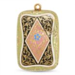 AN ANTIQUE GOLD AND ENAMEL VINAIGRETTE decorated with green, blue, pink, and black enamel and acc...
