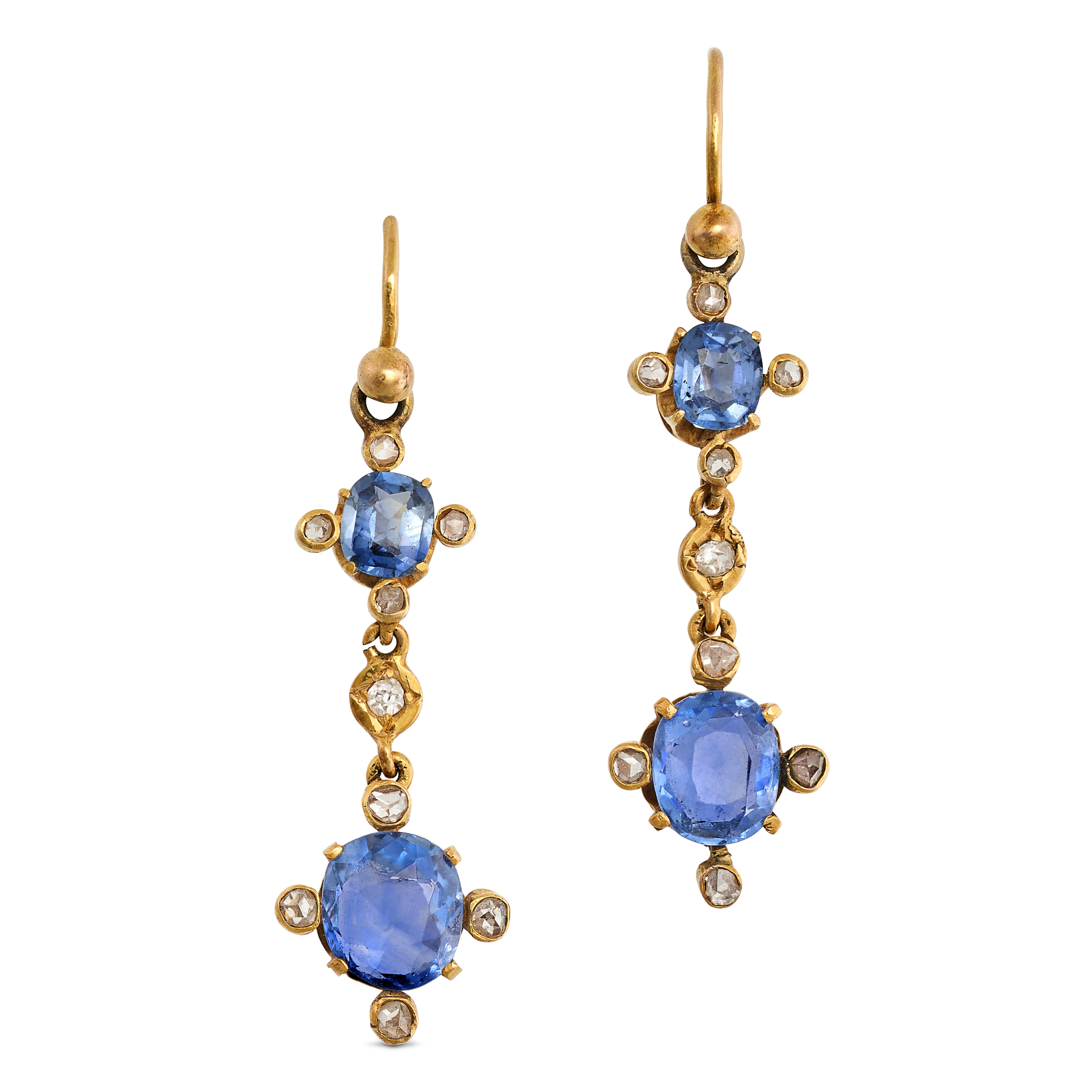 A PAIR OF CEYLON NO HEAT SAPPHIRE AND DIAMOND DROP EARRINGS in 18ct yellow gold, each set with a ...