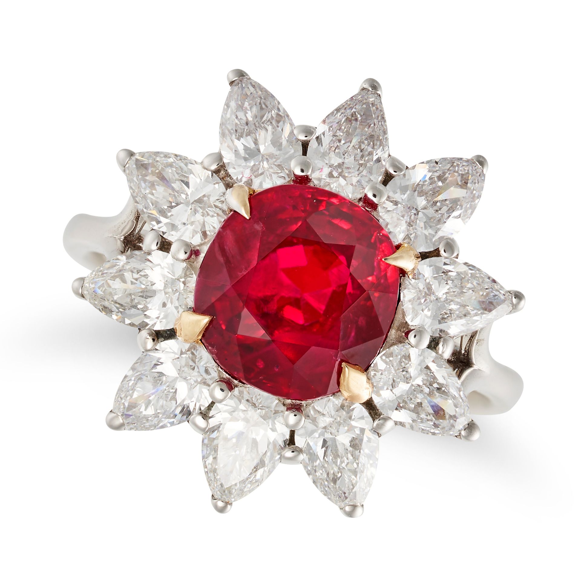 AN IMPORTANT PIGEON'S BLOOD BURMA NO HEAT RUBY AND DIAMOND CLUSTER RING in 18ct white gold, set w...