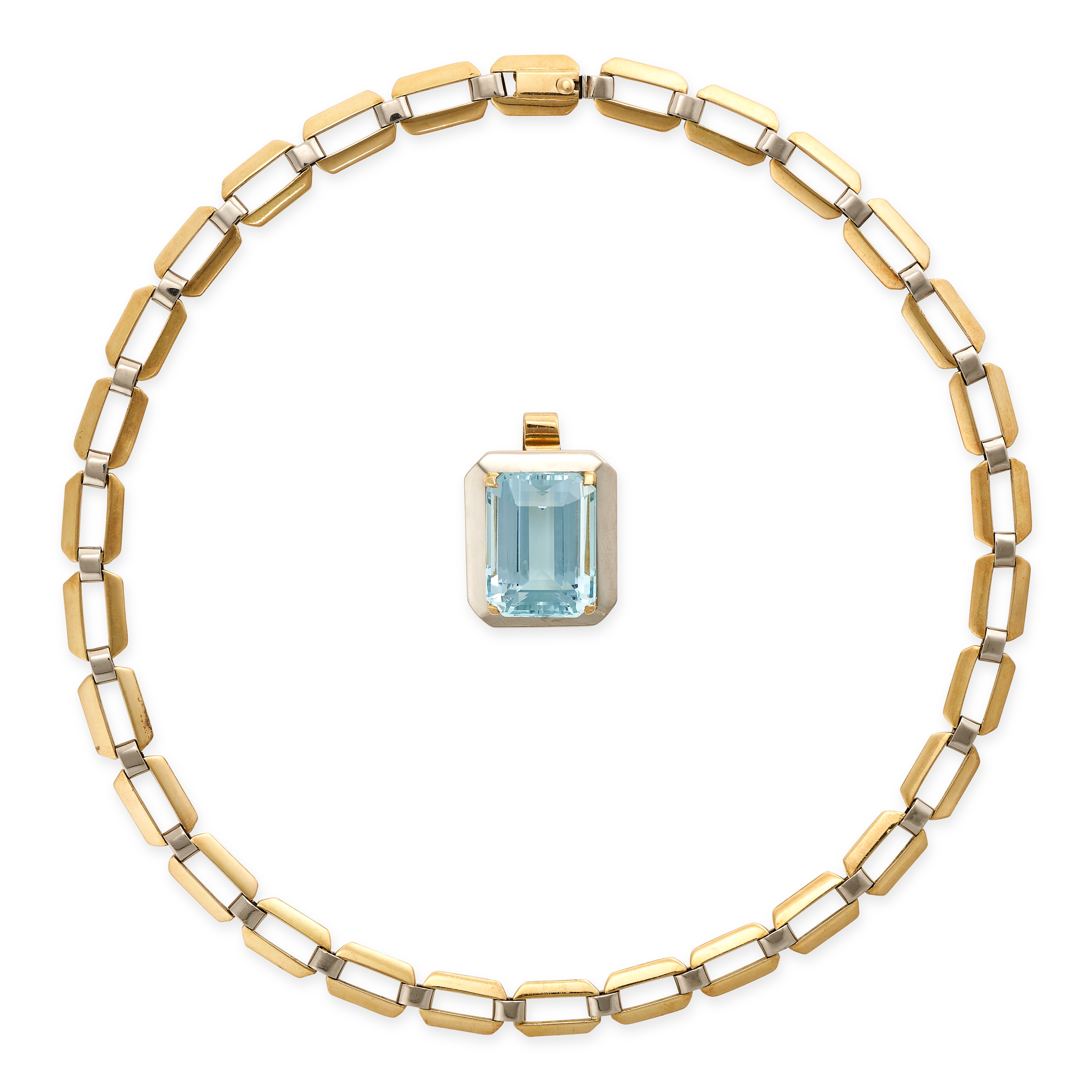 A VINTAGE FRENCH AQUAMARINE NECKLACE in 18ct yellow and white gold, comprising a series of fancy ... - Image 2 of 2