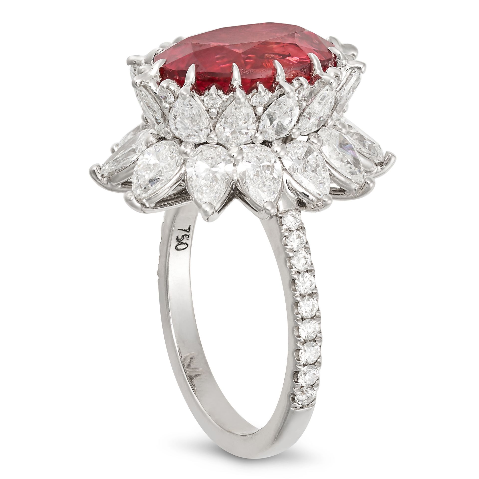 A BURMA NO HEAT RUBY AND DIAMOND CLUSTER RING in 18ct white gold, set with an oval cut ruby of 6.... - Bild 2 aus 2