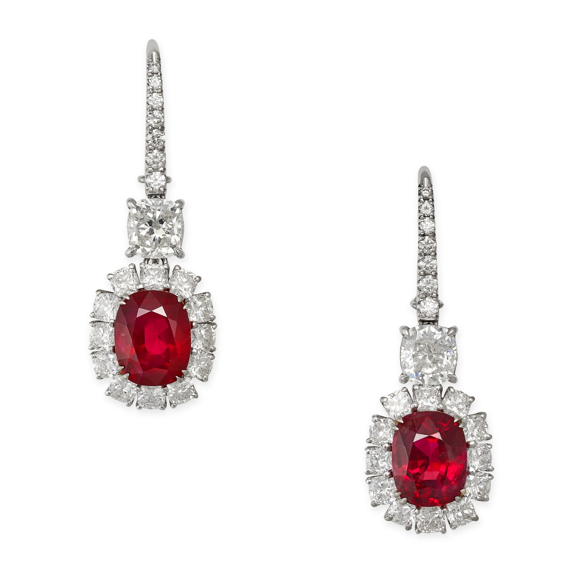 A PAIR OF IMPORTANT PIGEON'S BLOOD BURMA NO HEAT RUBY AND DIAMOND EARRINGS in white gold, each se...