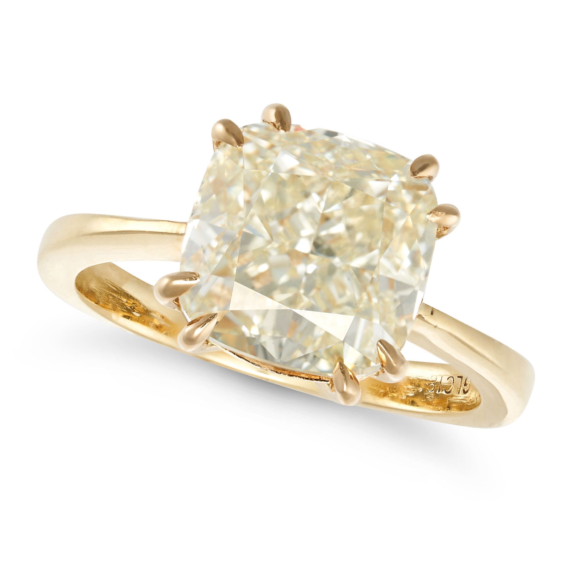 A SOLITAIRE DIAMOND ENGAGEMENT RING in 18ct yellow gold, set with a cushion cut diamond of 5.02 c...