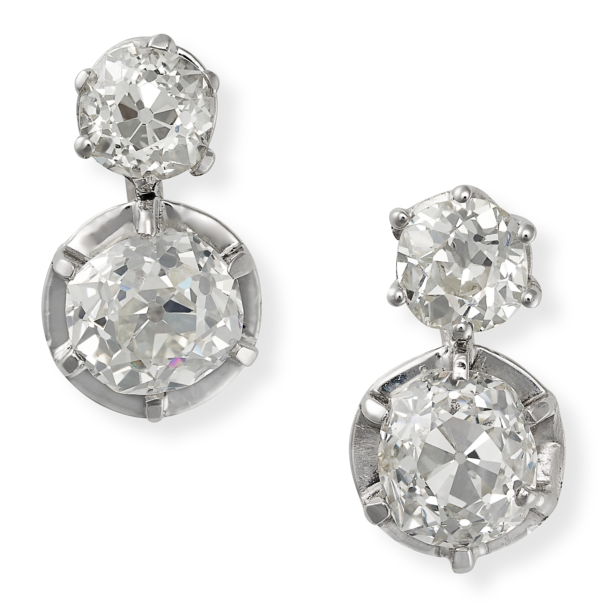 A PAIR OF FINE DIAMOND DROP EARRINGS in 18ct white gold, each set with a principle old cut diamon...