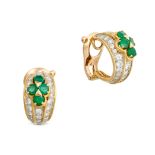VAN CLEEF AND ARPELS, A PAIR OF DIAMOND AND EMERALD CLIP EARRINGS in 18ct yellow gold, each set w...
