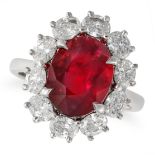 AN IMPORTANT PIGEON'S BLOOD BURMA NO HEAT RUBY AND DIAMOND CLUSTER RING in 18ct white gold, set w...