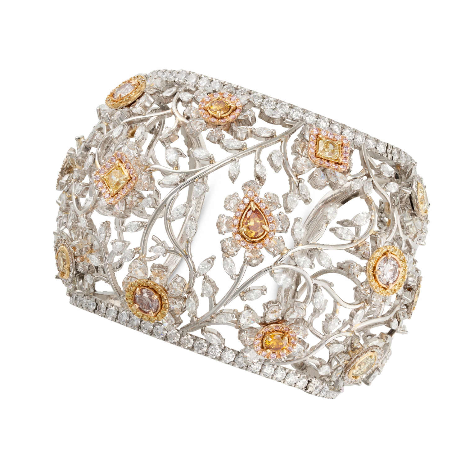 A FANCY COLOURED DIAMOND BANGLE in 18ct white gold, the openwork foliate cuff set with seventeen ...