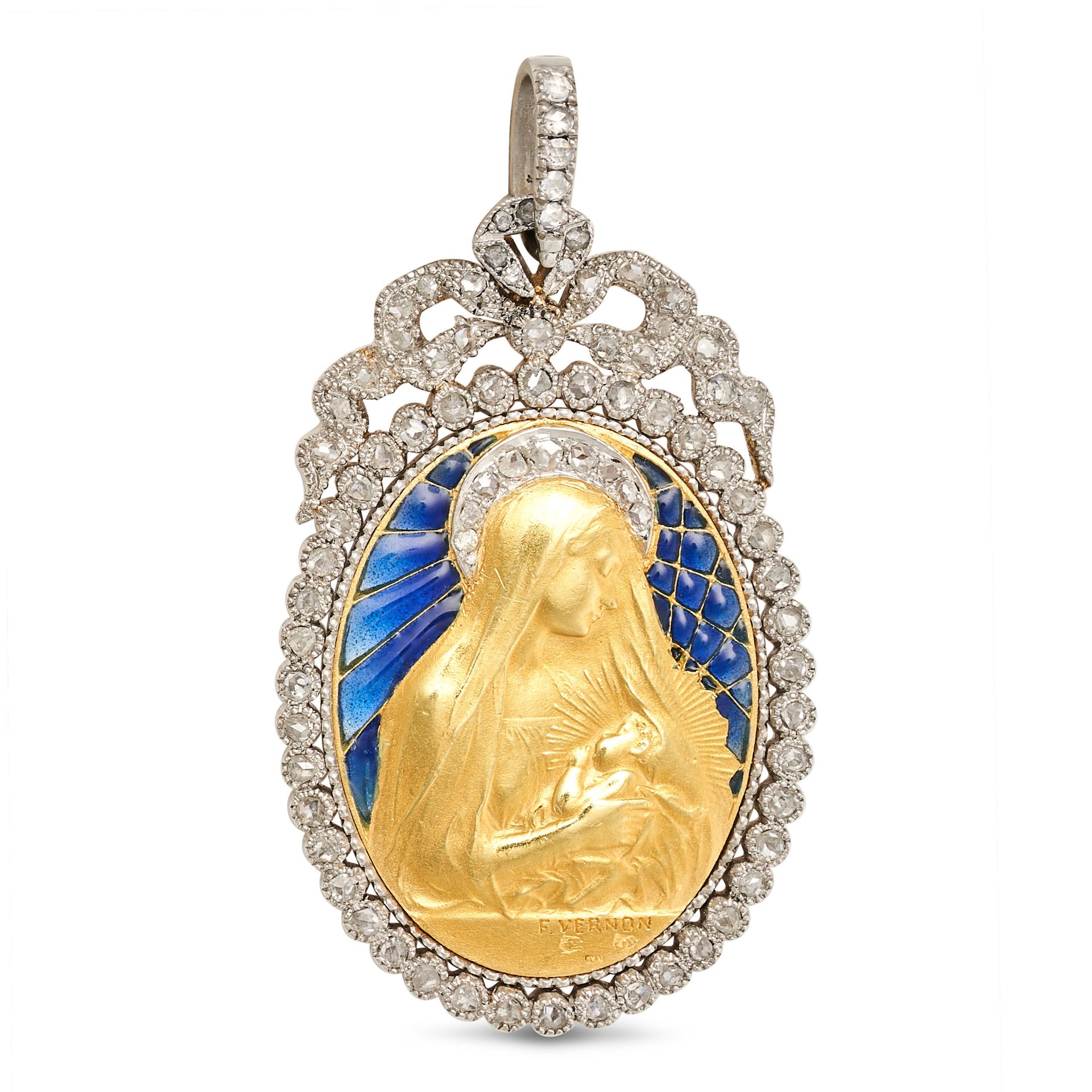 F. VERNON, AN ANTIQUE DIAMOND AND ENAMEL MADONNA PENDANT in 18ct yellow and white gold, the gold ...