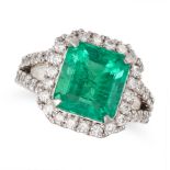 AN EMERALD AND DIAMOND RING in platinum, set with an octagonal step cut emerald of 4.17 carats in...