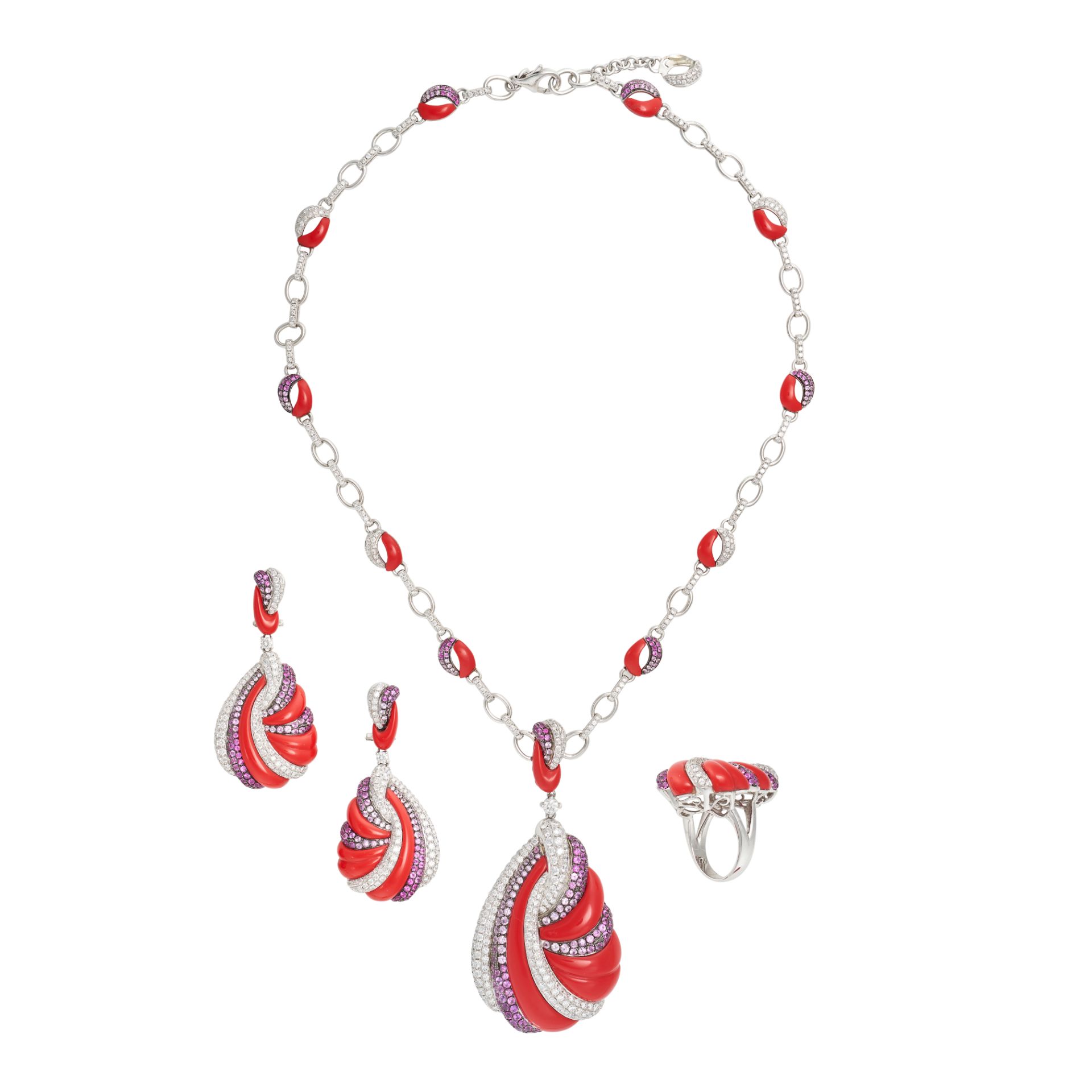 A DIAMOND, PINK SAPPHIRE AND RED CORAL SUITE in 18ct white gold, comprising a necklace suspending... - Image 2 of 4