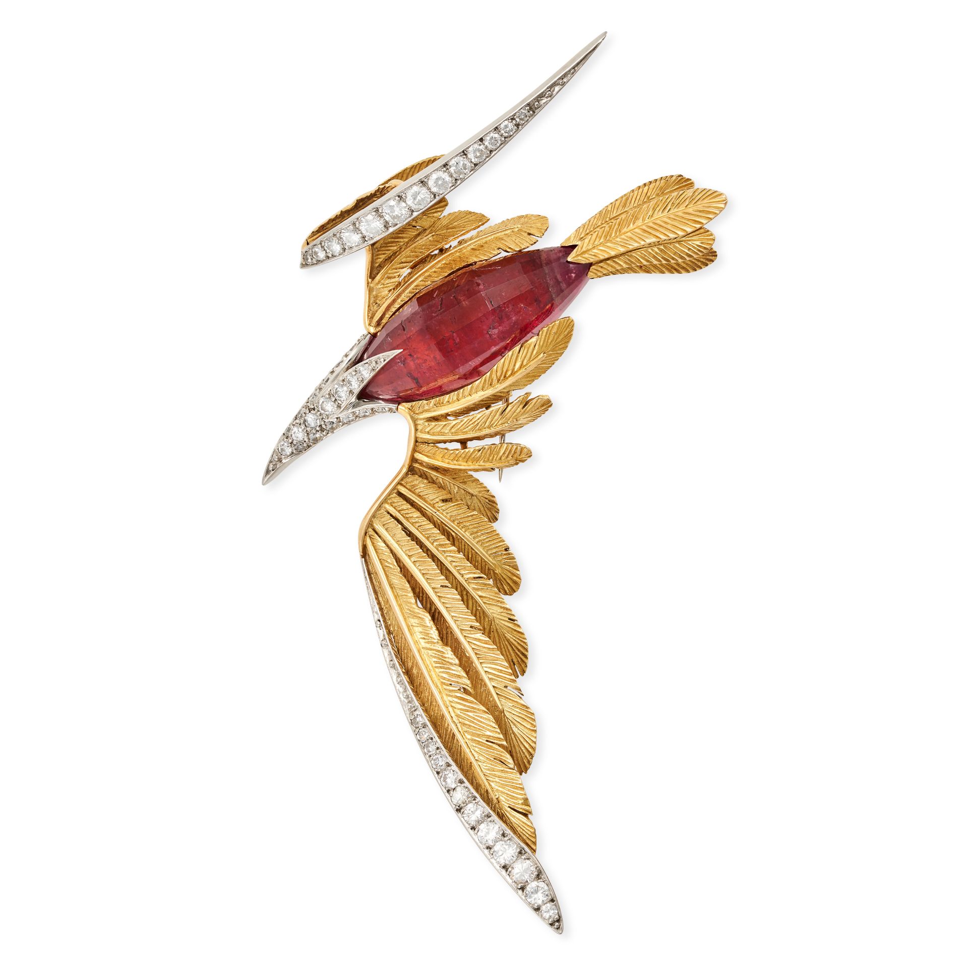 MAUBOUSSIN, A VINTAGE RUBELITE TOURMALINE AND DIAMOND BIRD BROOCH in 18ct yellow gold, designed a...