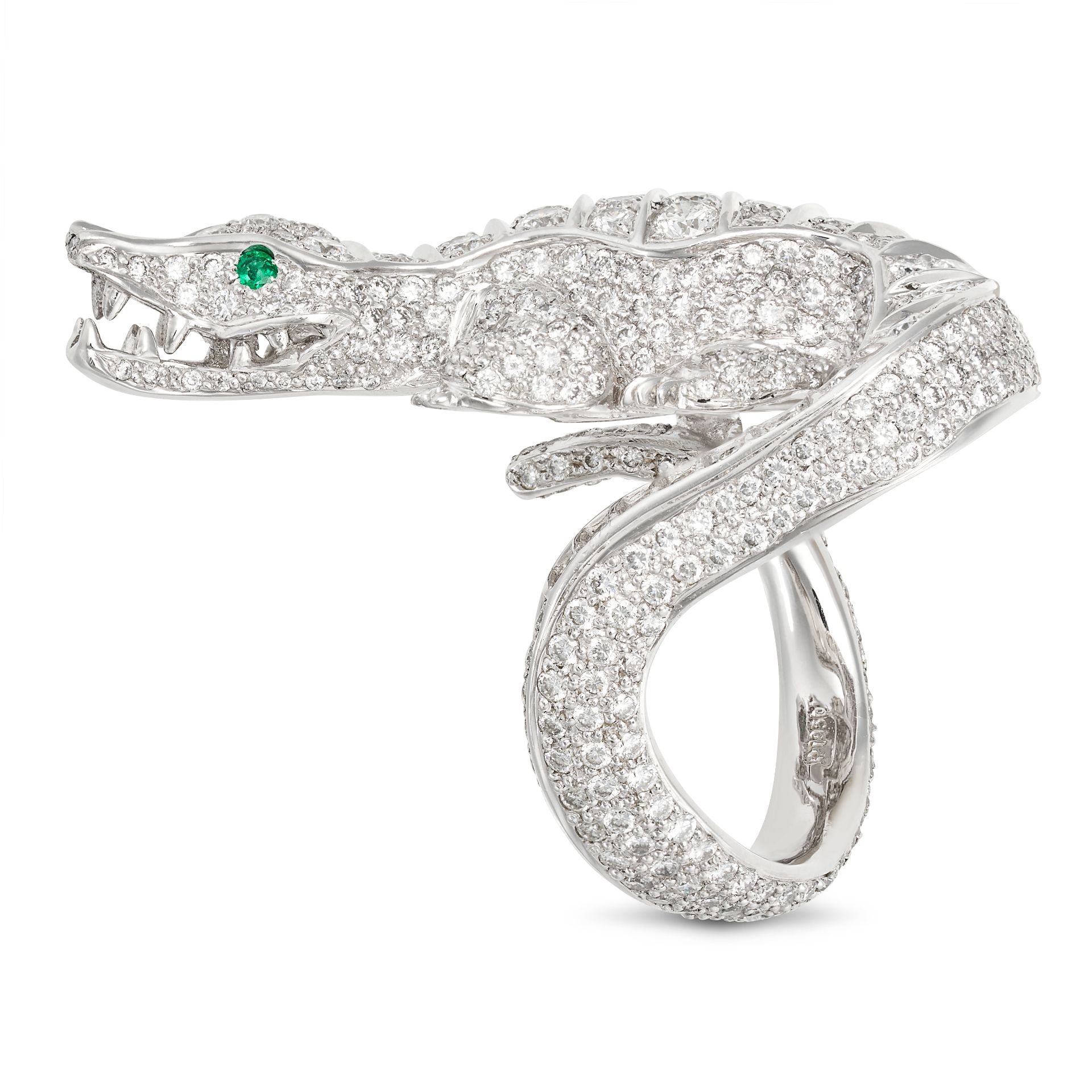 A DIAMOND AND EMERALD CROCODILE RING in platinum, the ring designed as a crocodile set throughout... - Image 2 of 2