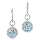 A PAIR OF AQUAMARINE AND DIAMOND DROP EARRINGS in platinum, each comprising a hoop set with a row...