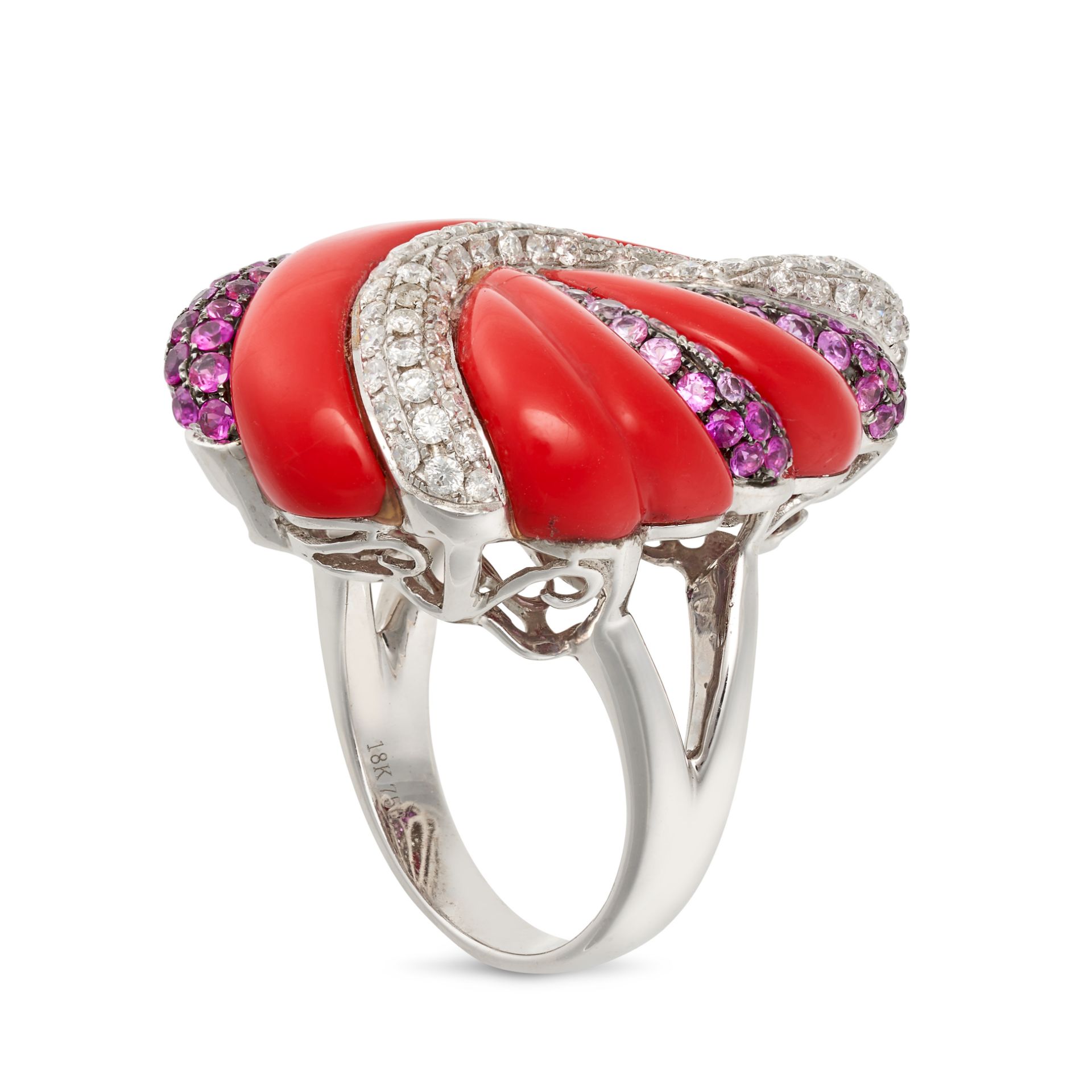 A DIAMOND, PINK SAPPHIRE AND RED CORAL SUITE in 18ct white gold, comprising a necklace suspending... - Image 4 of 4