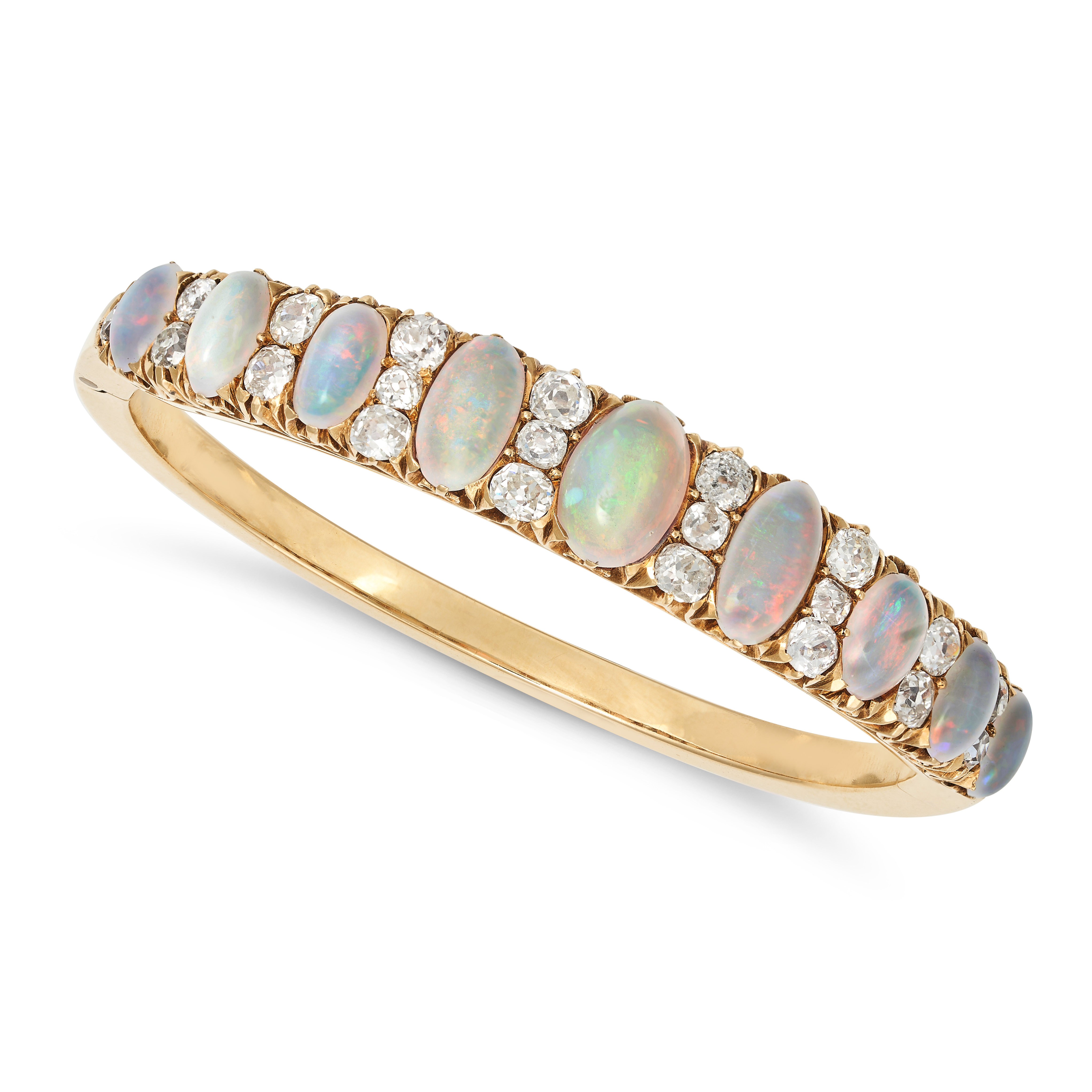 A FINE ANTIQUE VICTORIAN OPAL AND DIAMOND BANGLE in yellow gold, the hinged bangle set with a row...