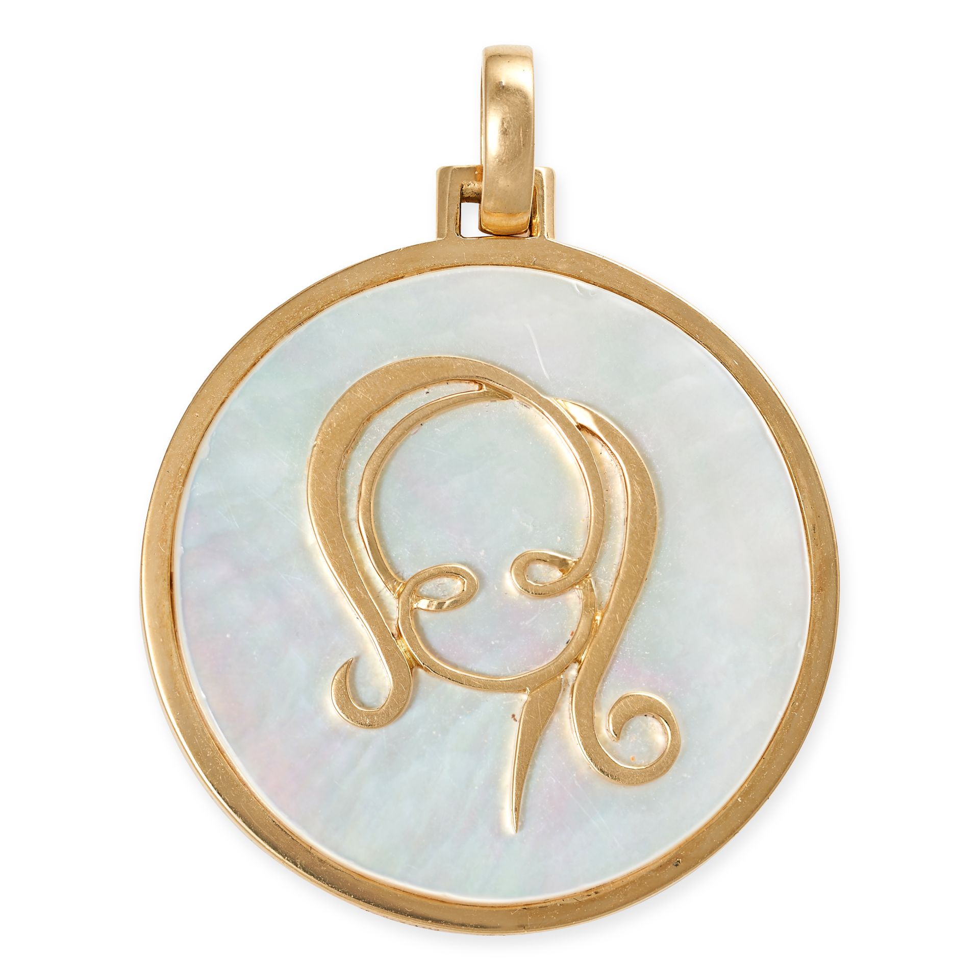 BULGARI, A MOTHER OF PEARL VIRGO PENDANT in 18ct yellow gold, set with a circular polished piece ...