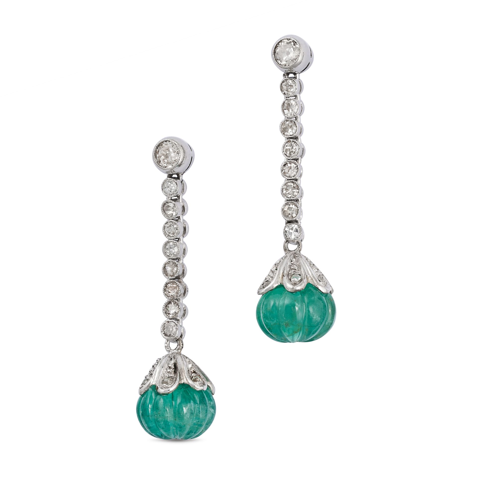 A PAIR OF EMERALD AND DIAMOND DROP EARRINGS in 18ct white and yellow gold, each set with a row of...