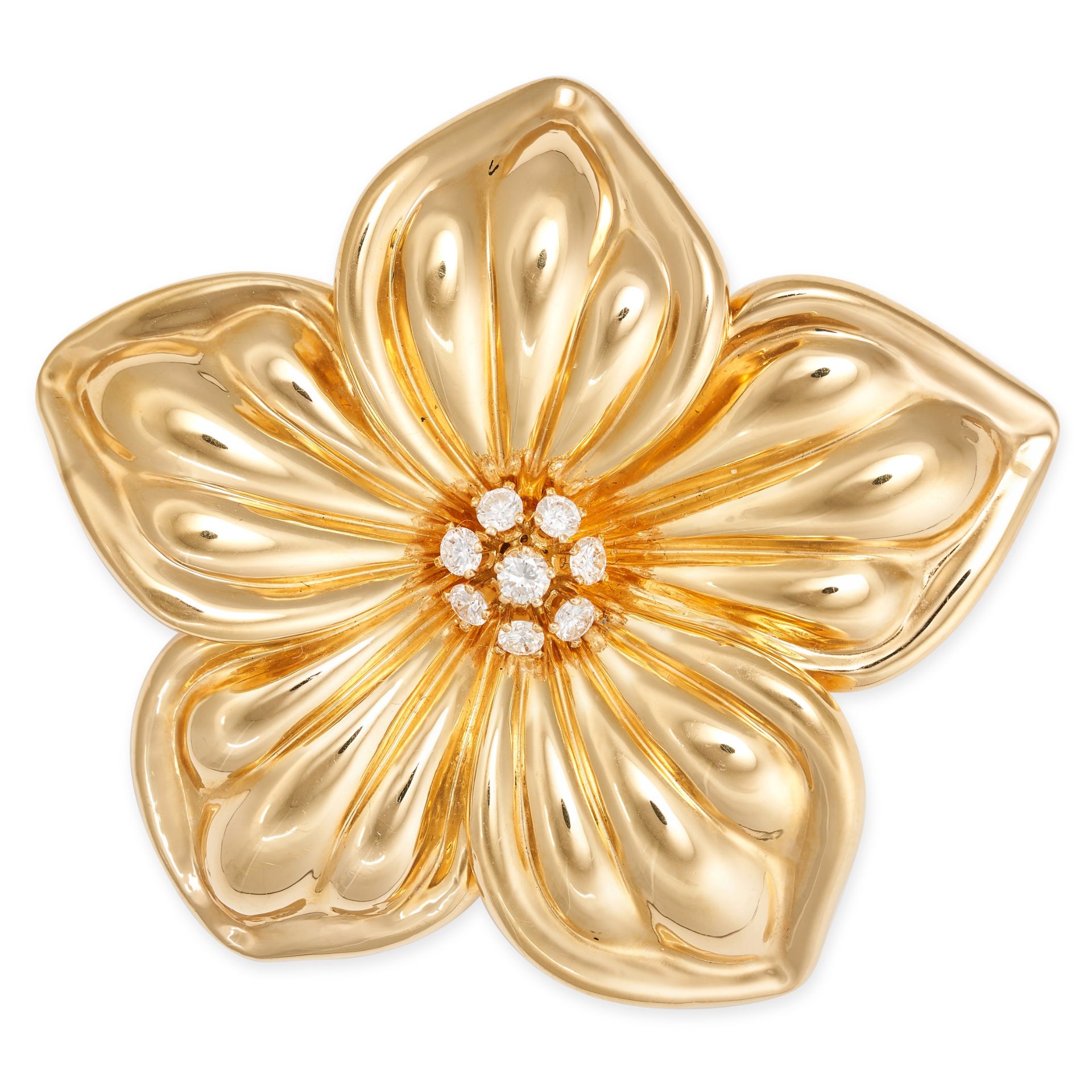 VAN CLEEF & ARPELS, A DIAMOND FLOWER BROOCH in 18ct yellow gold, designed as the head of a flower...