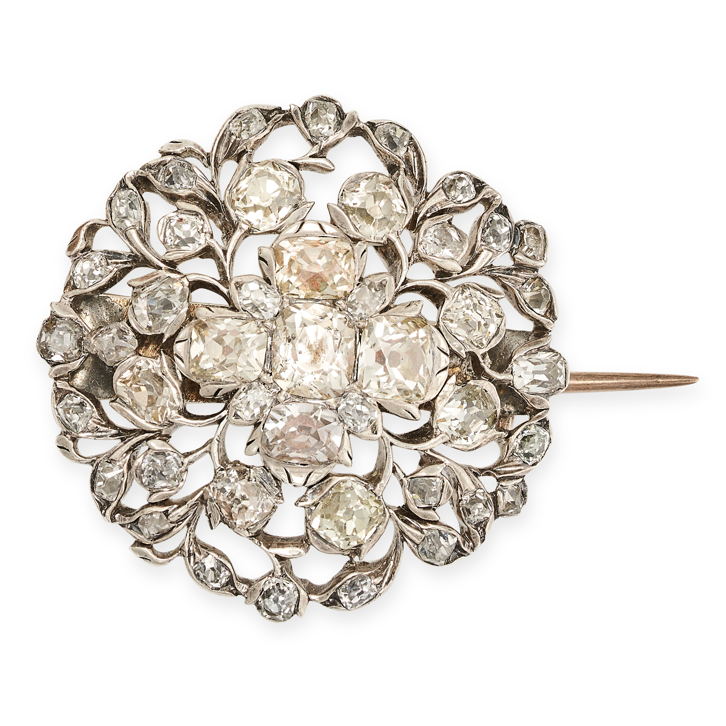 AN ANTIQUE GEORGIAN DIAMOND BROOCH in silver, of openwork foliate design set throughout with old ...