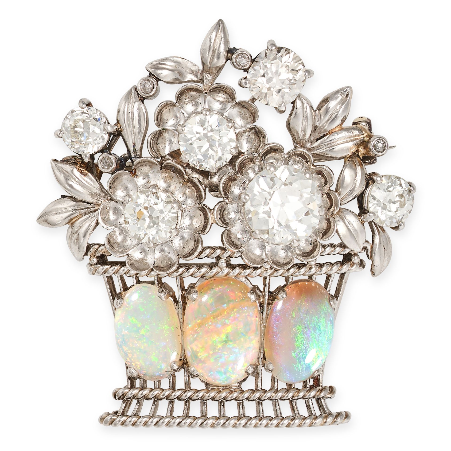 A FINE VINTAGE DIAMOND AND OPAL GIARDINETTO BROOCH designed as a basket of flowers, set with six ...