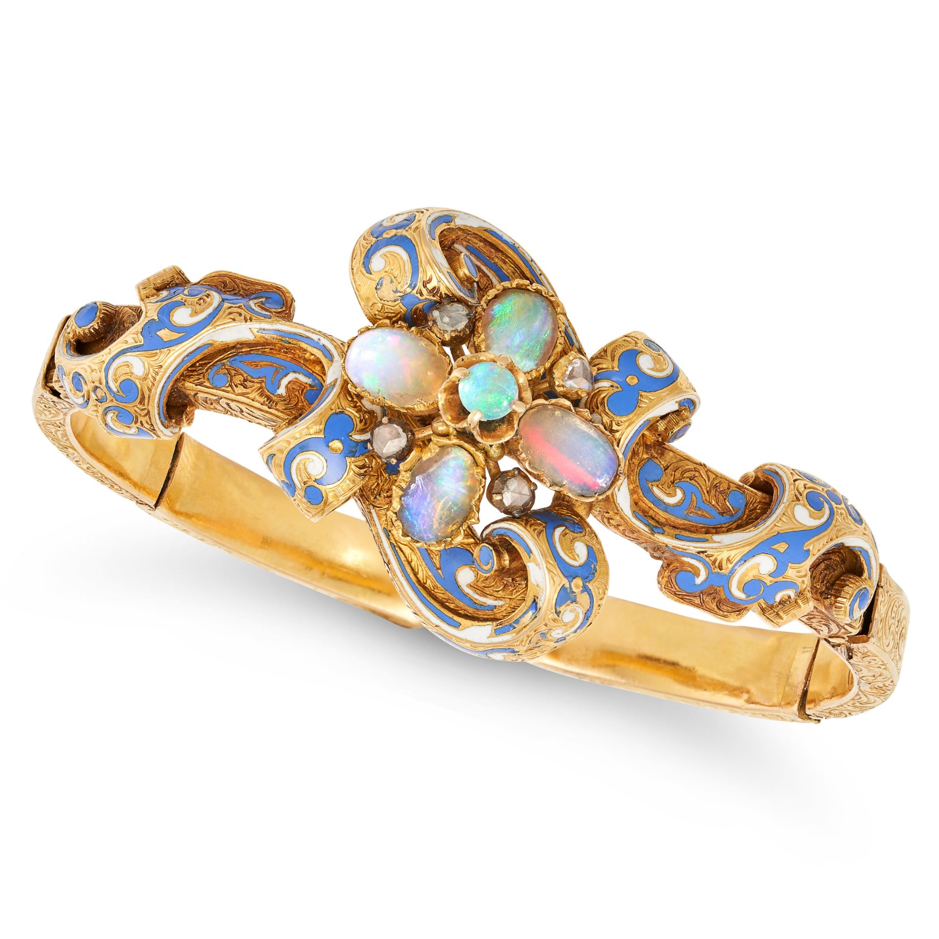 AN ANTIQUE FRENCH OPAL, ENAMEL AND DIAMOND BANGLE in 18ct yellow gold, set with a cluster of opal...