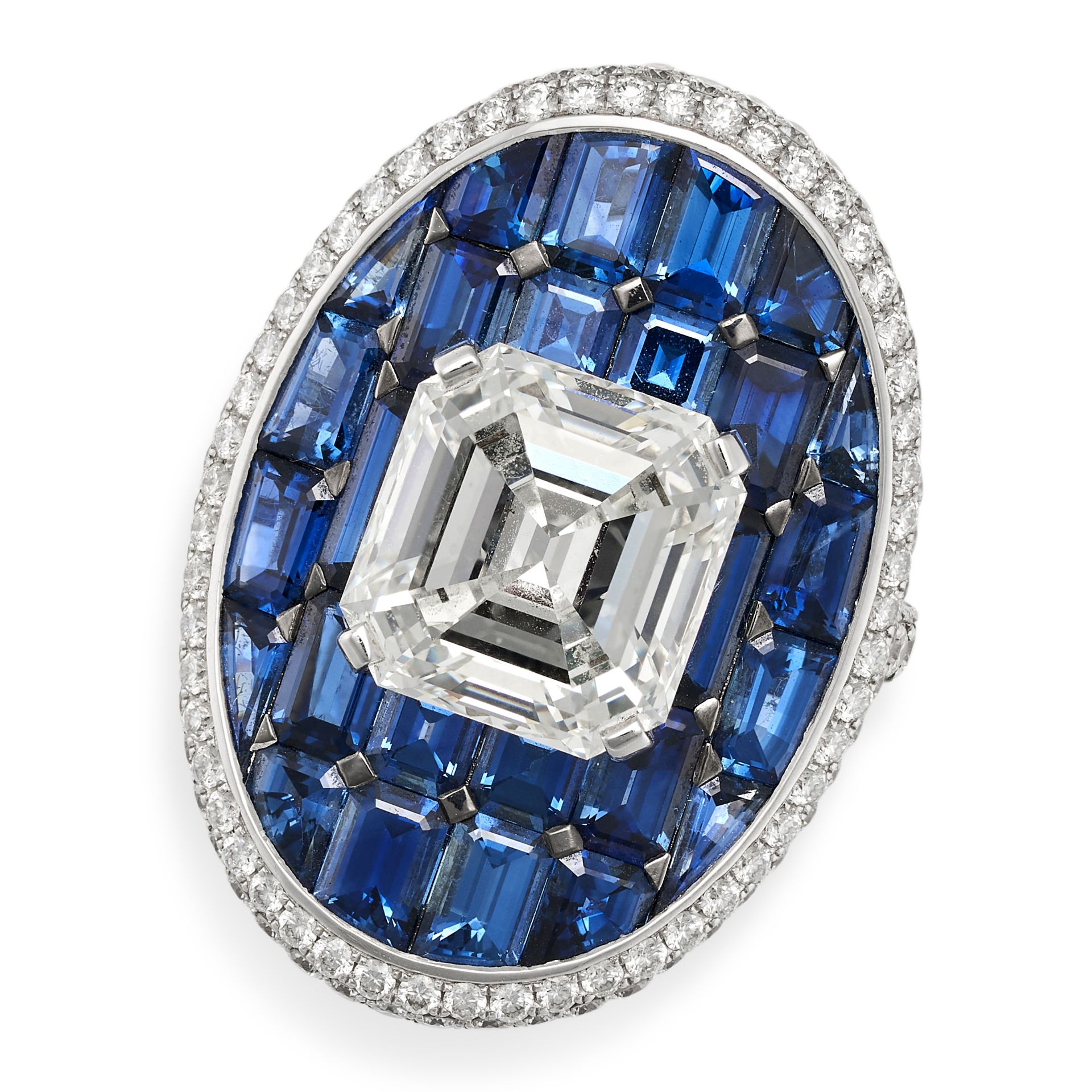 A 5.00 CARAT DIAMOND AND SAPPHIRE DRESS RING in 18ct white gold, set to the centre with a square ...