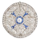 AN ART DECO SAPPHIRE AND DIAMOND BROOCH / PENDANT the circular openwork body set to the centre wi...