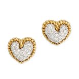 TIFFANY & CO., A PAIR OF DIAMOND HEART EARRINGS in 18ct yellow gold, each designed as a heart pav...