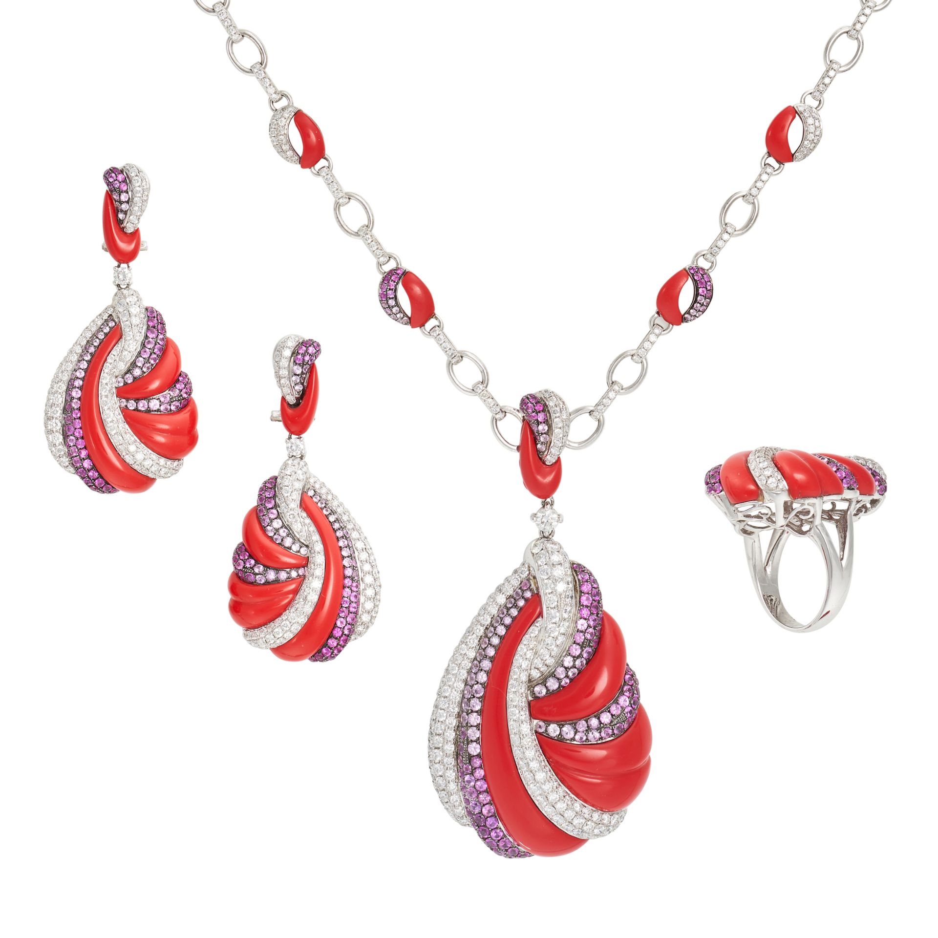 A DIAMOND, PINK SAPPHIRE AND RED CORAL SUITE in 18ct white gold, comprising a necklace suspending...